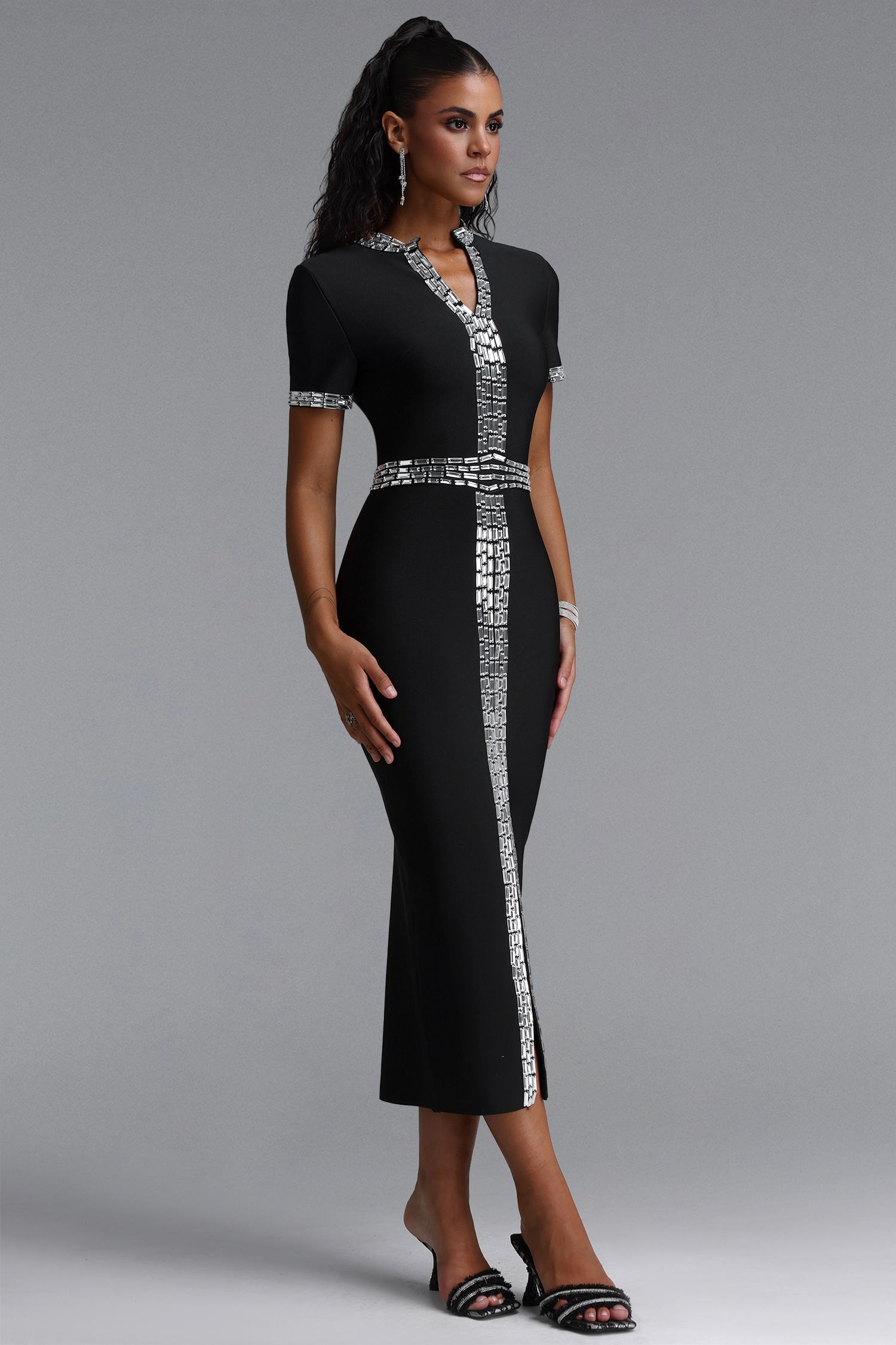 Elosie Classic Short Sleeve Rhinestone Slit Bandage Midi Dress