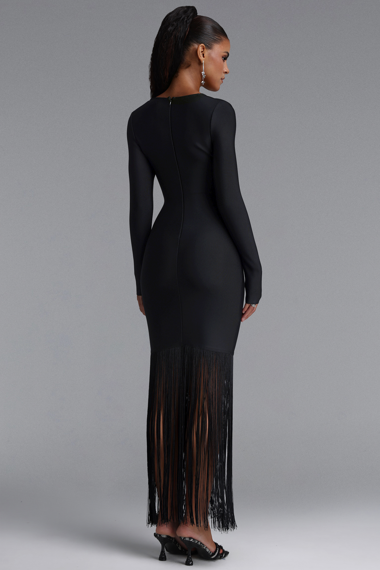 Erina Vintage Square Neck Long Sleeve Tassel Bandage Black Maxi Dress