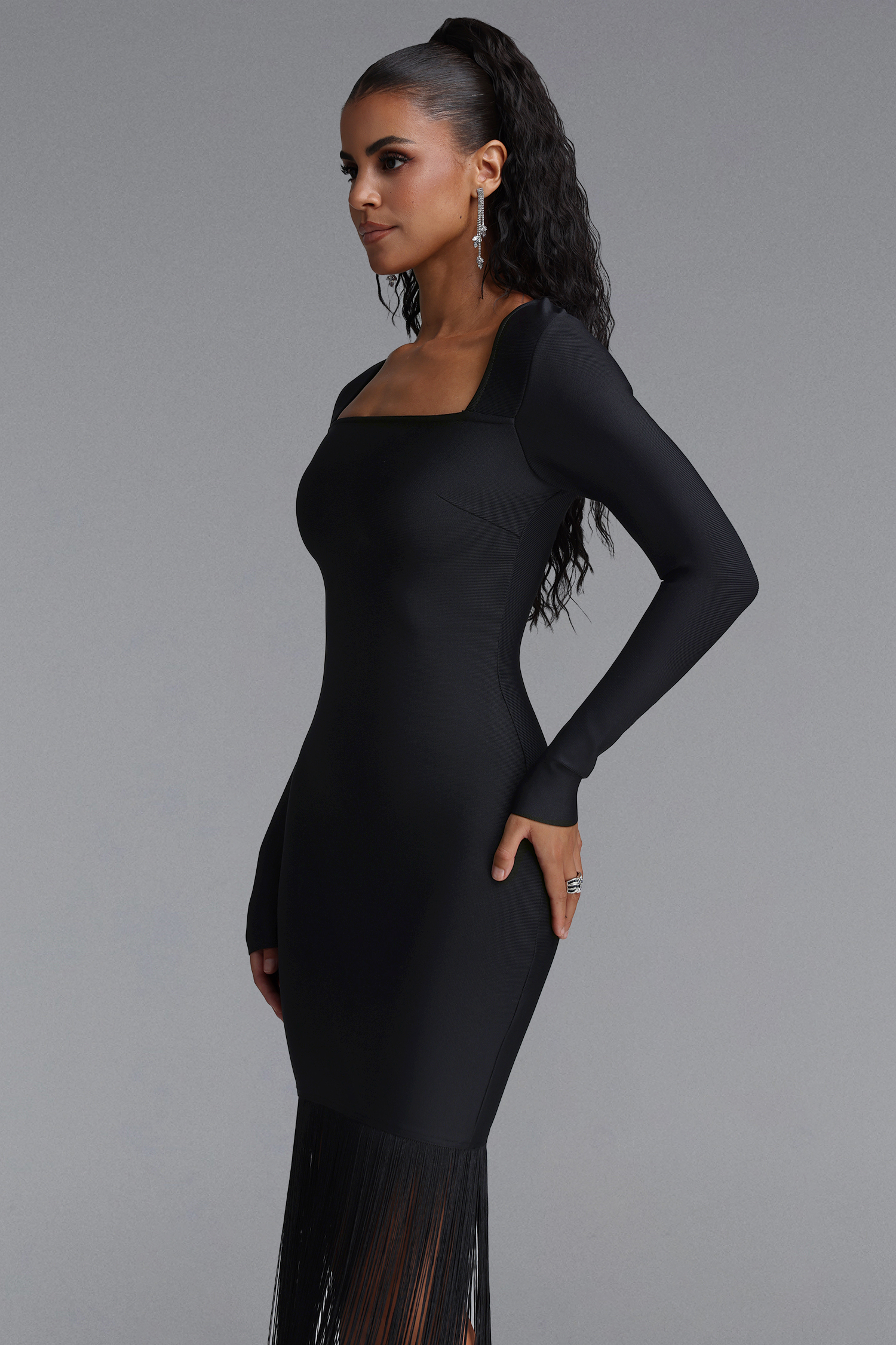 Erina Vintage Square Neck Long Sleeve Tassel Bandage Black Maxi Dress