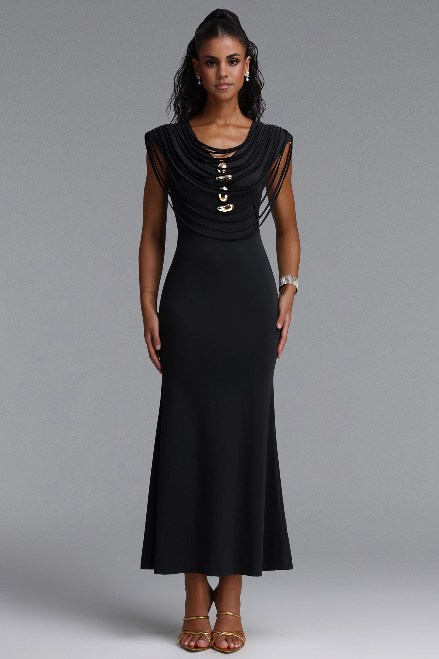Lalipa Elegant Fitted Sleeveless Metal Tie Detail Black Maxi Dress
