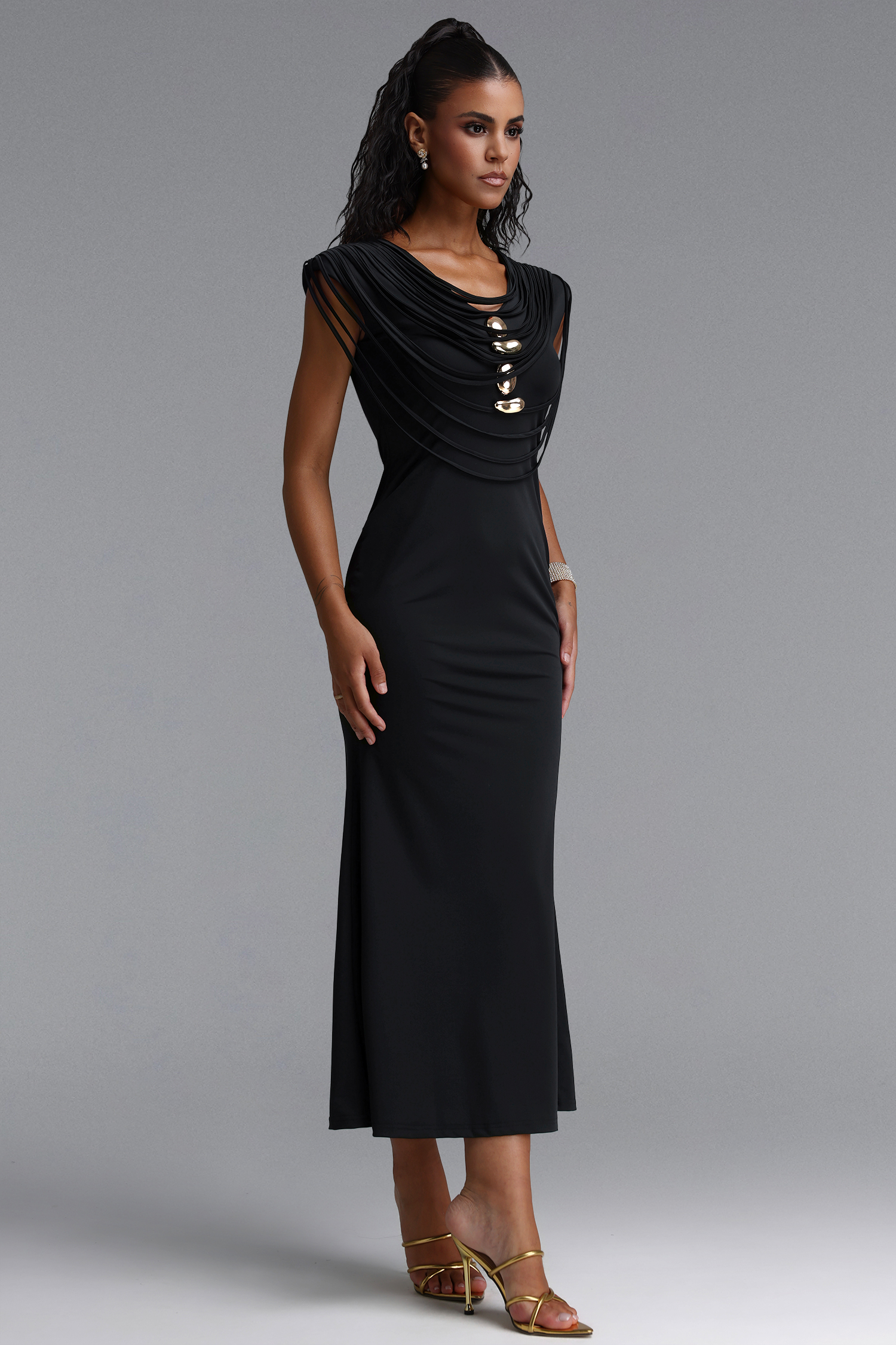 Lalipa Elegant Fitted Sleeveless Metal Tie Detail Black Maxi Dress