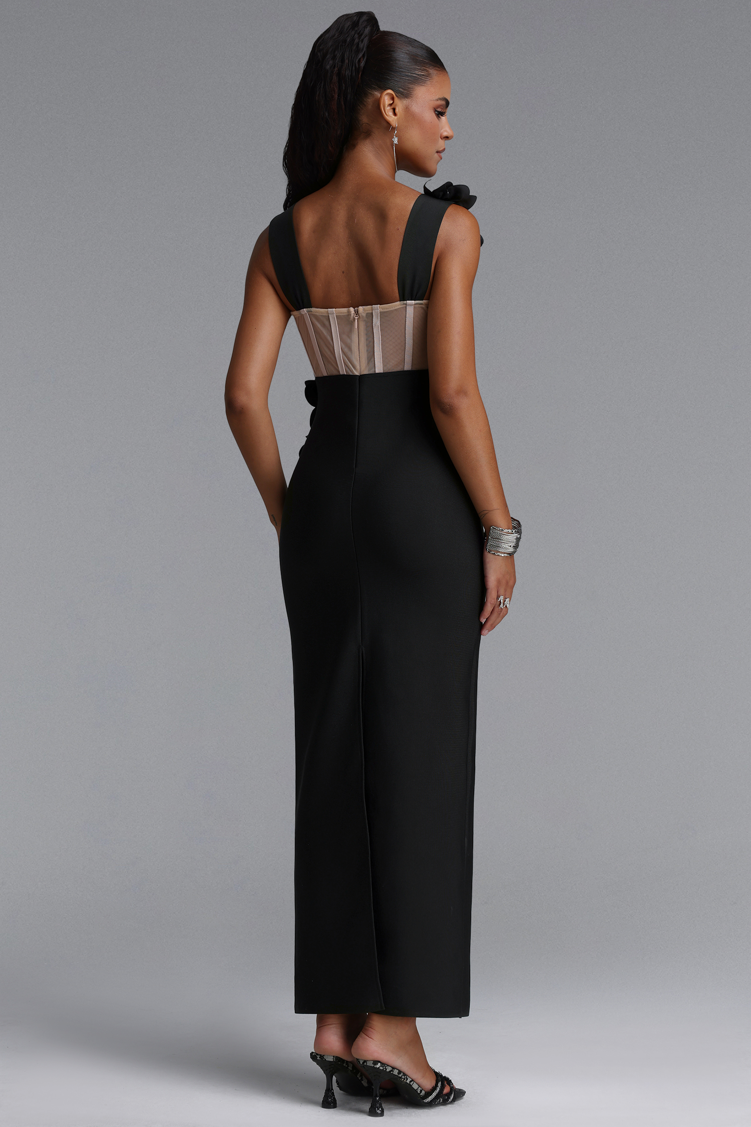 Eudase Spaghetti Strap Mesh Pearl Floral Bandage Black Maxi Dress