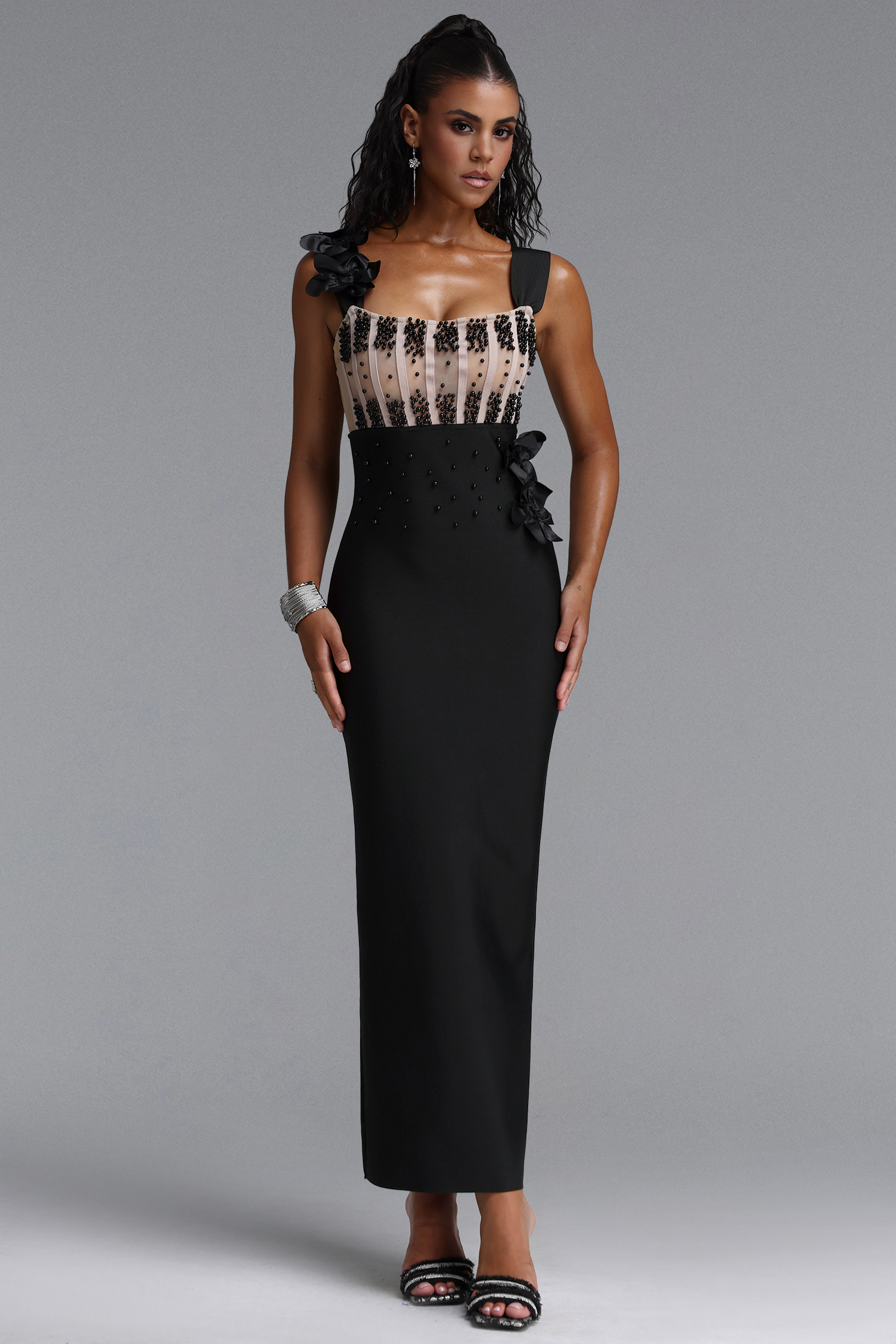 Eudase Spaghetti Strap Mesh Pearl Floral Bandage Black Maxi Dress
