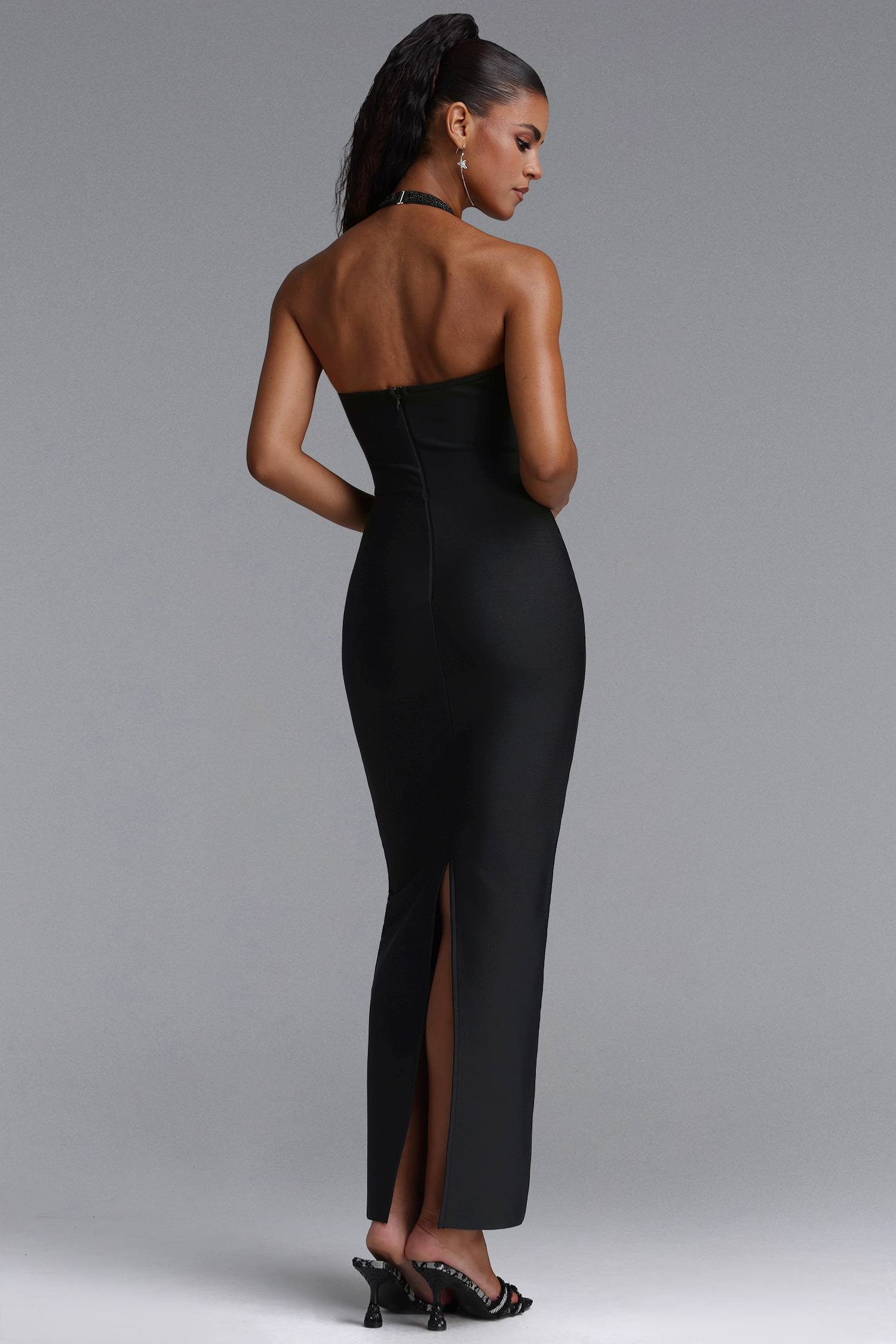 Kalene Glamorous Halter Scallop Edge Black Bead Bandage Maxi Dress
