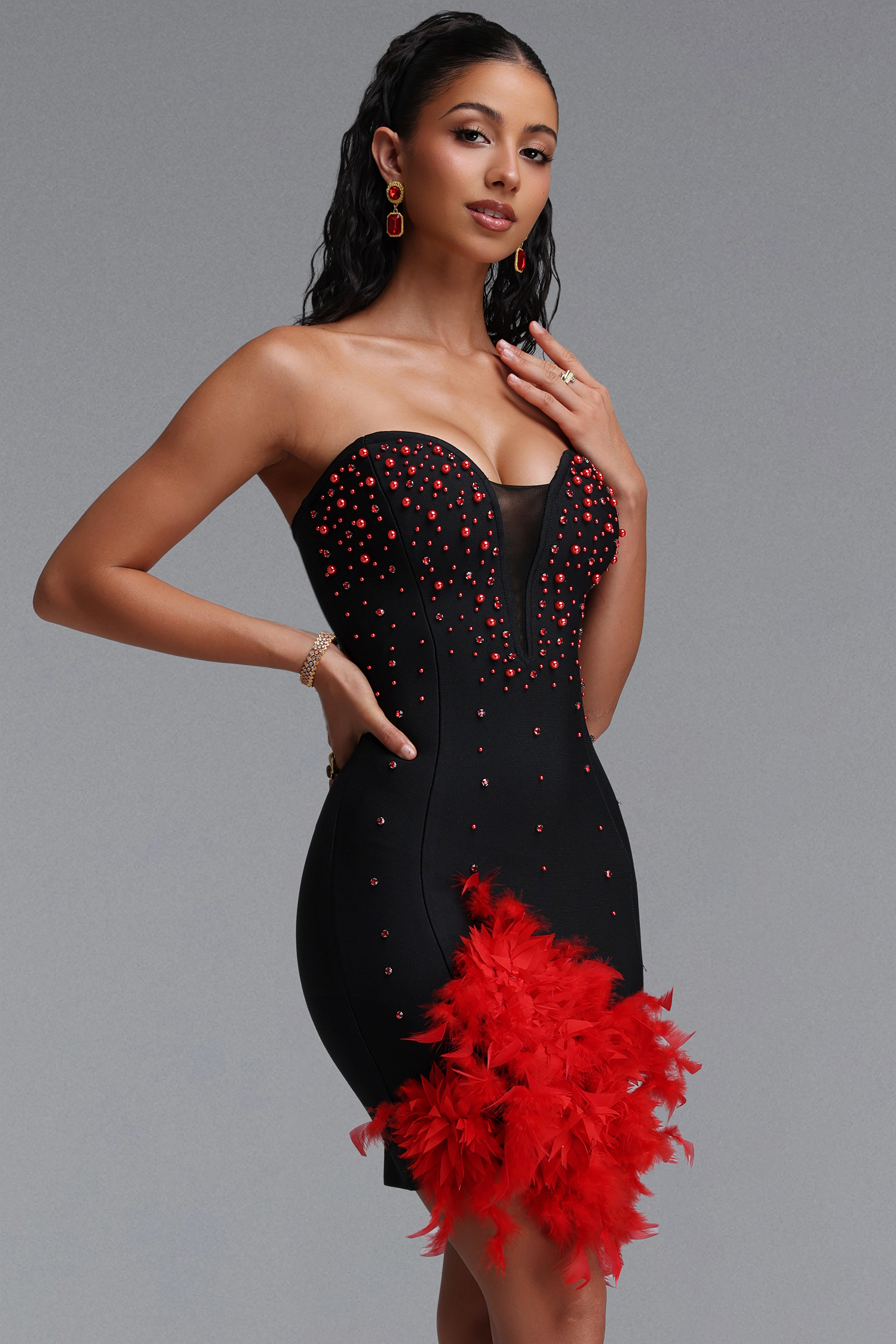 Sadala Chic Feather Floral Strap Bandage Mini Dress