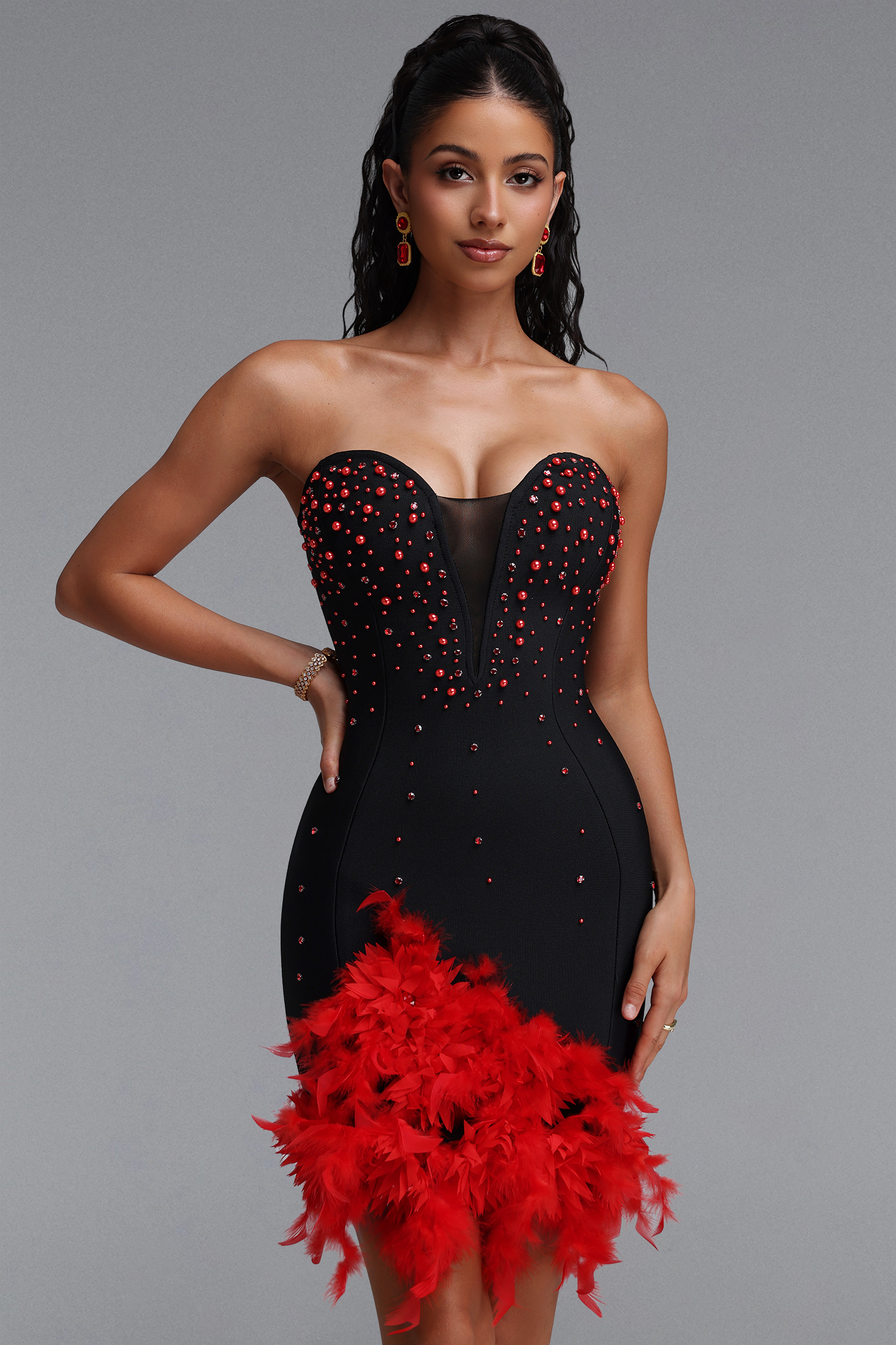 Sadala Chic Feather Floral Strap Bandage Mini Dress