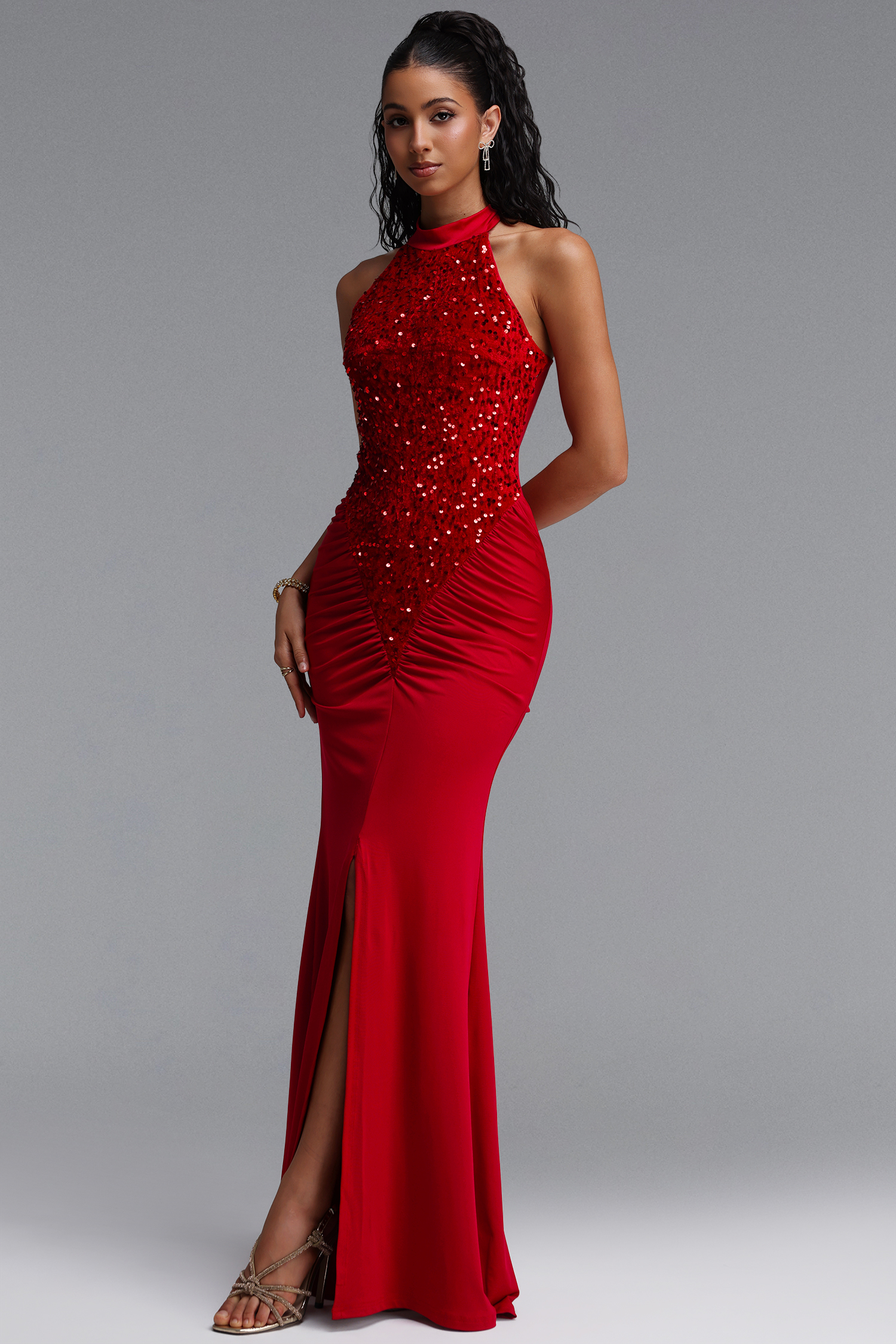 Octavia Elegant Contour Sleeveless Slit Sequin Woven Red Maxi Dress