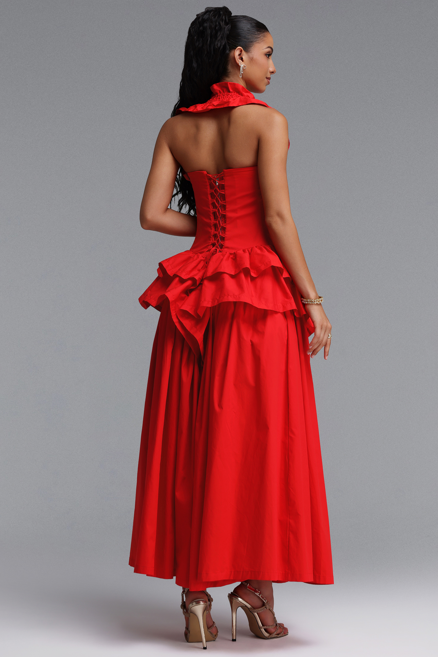 Shea Elegant Cinched Waist Halter Neck Ruffled Maxi Dress