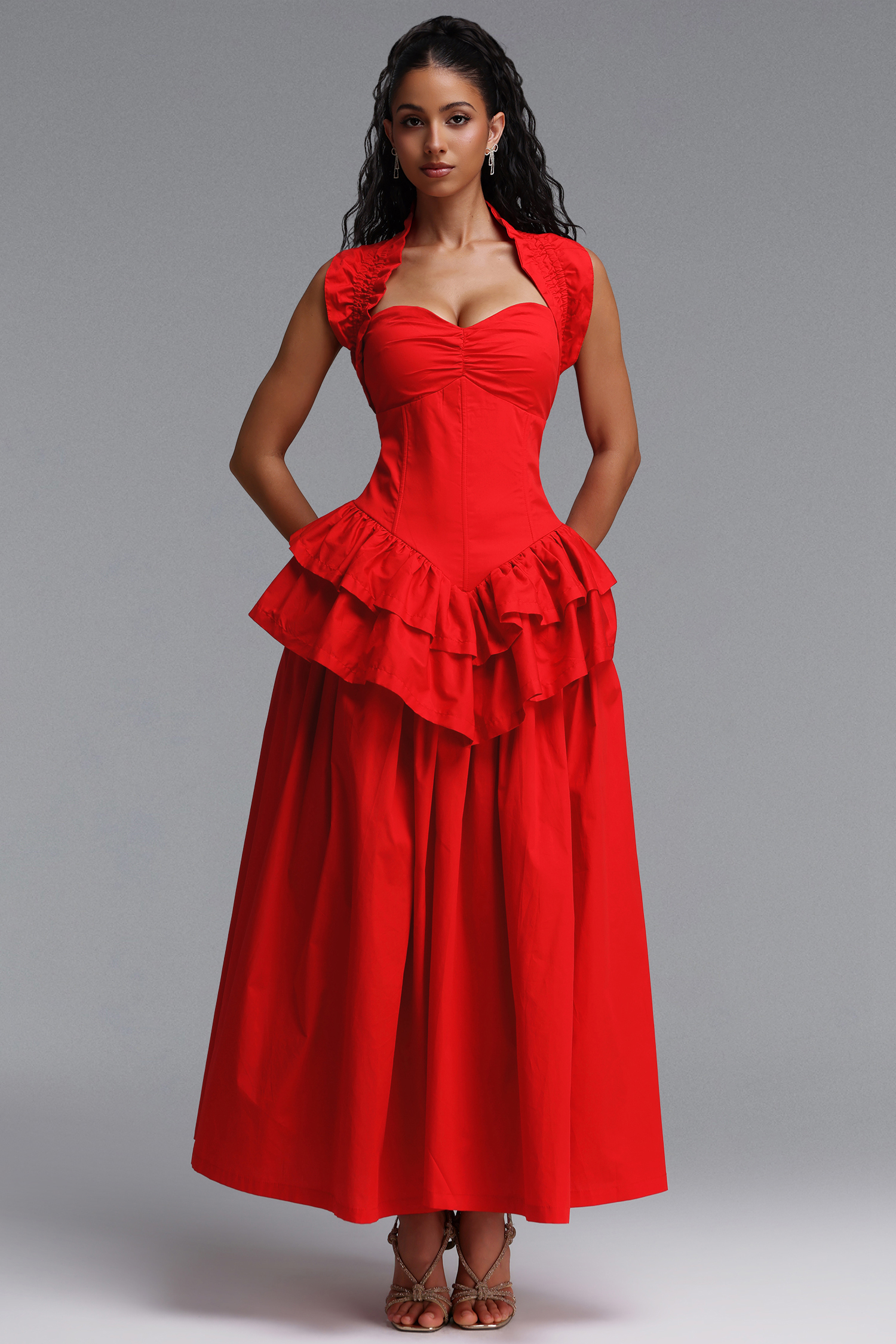 Shea Elegant Cinched Waist Halter Neck Ruffled Maxi Dress