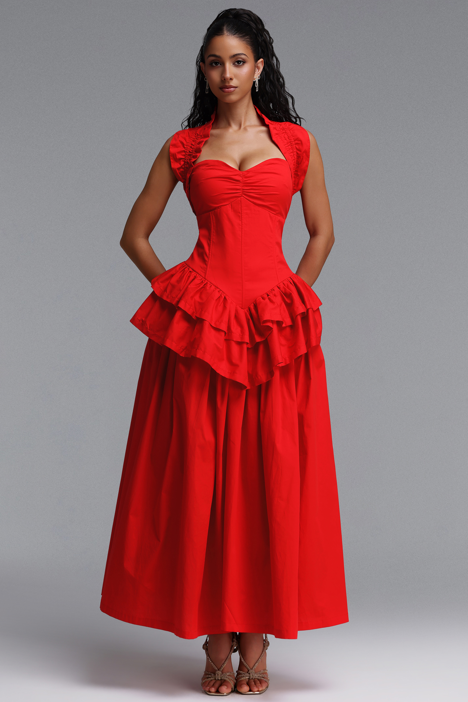 Shea Elegant Cinched Waist Halter Neck Ruffled Maxi Dress