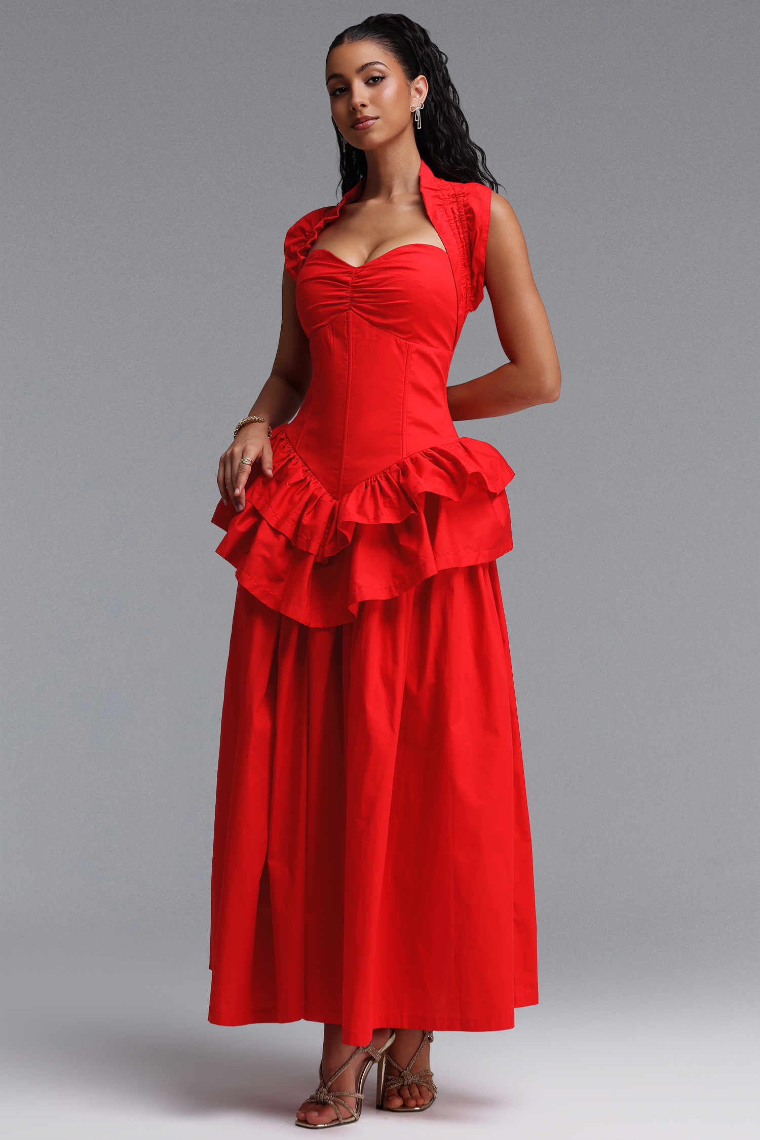 Shea Elegant Cinched Waist Halter Neck Ruffled Maxi Dress