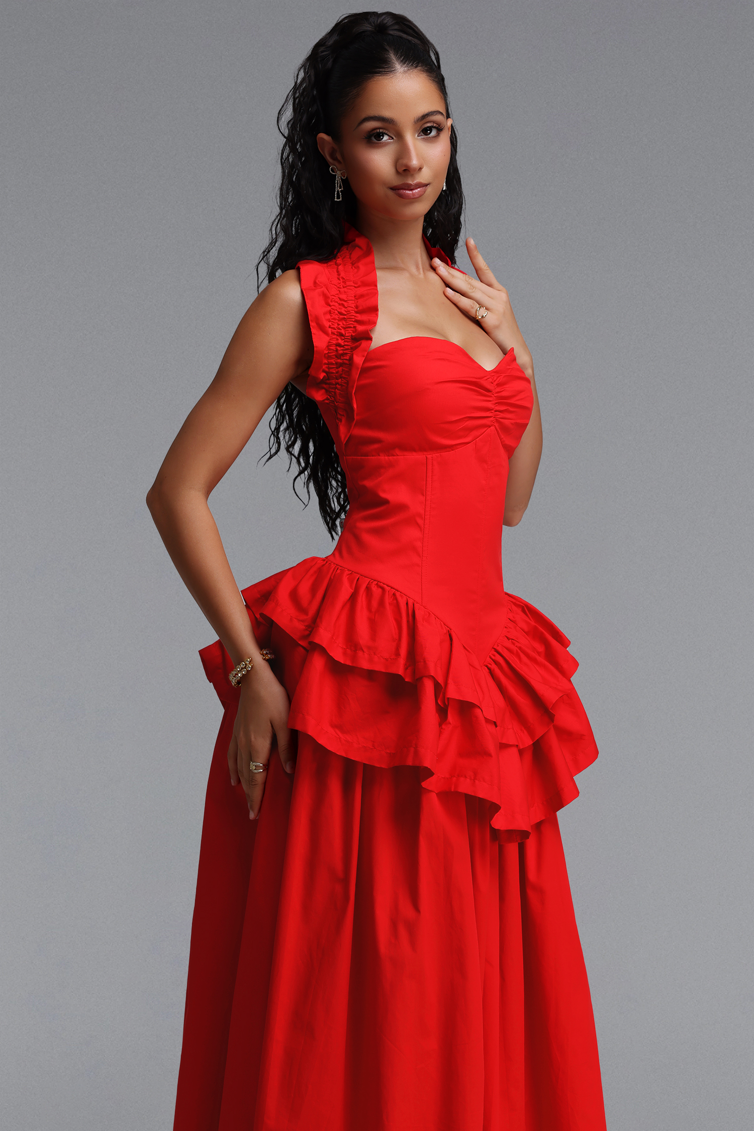 Shea Elegant Cinched Waist Halter Neck Ruffled Maxi Dress