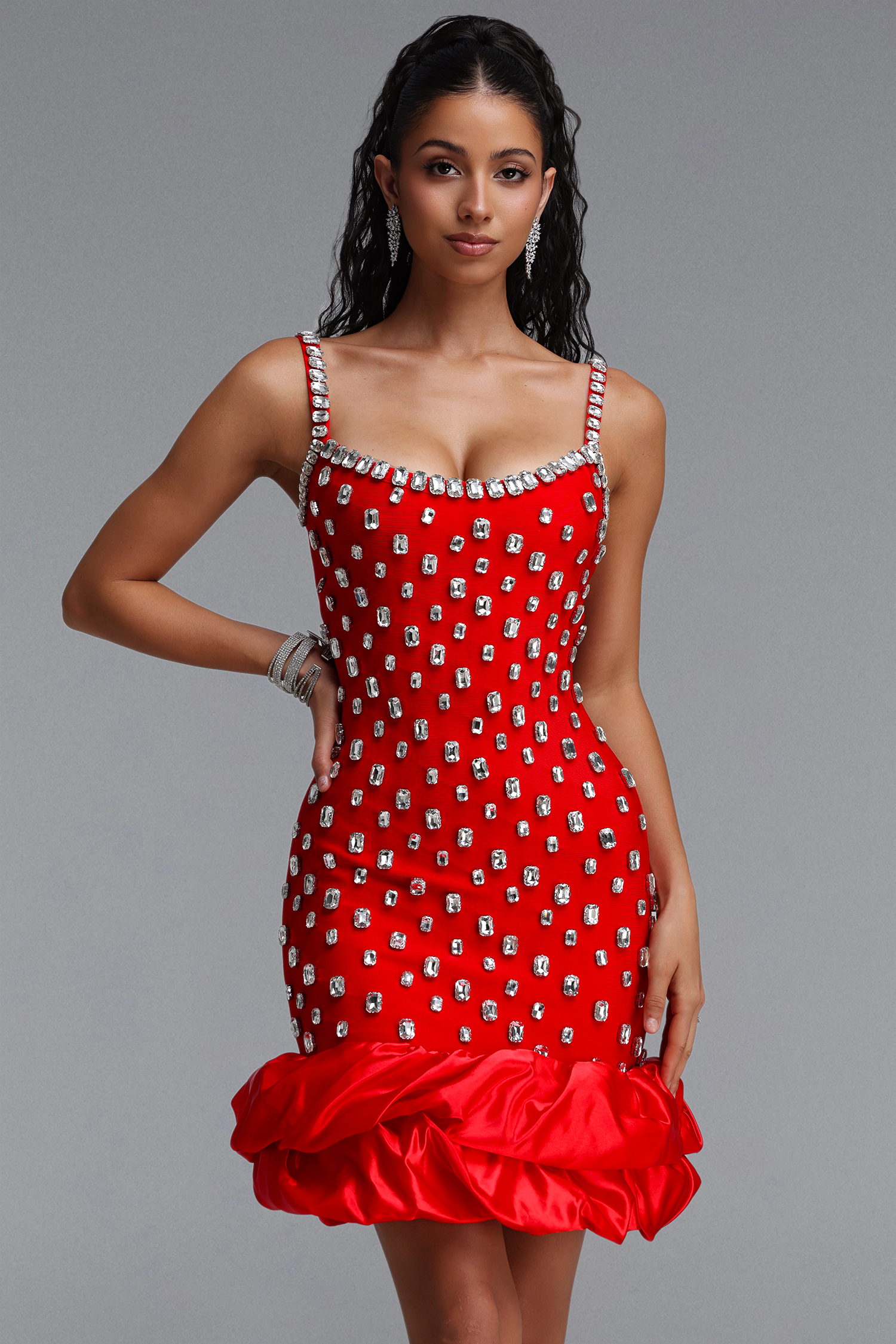 Francina Exquisite Contour Cami Strap Rhinestone Ruffle Red Bandage Mini Dress