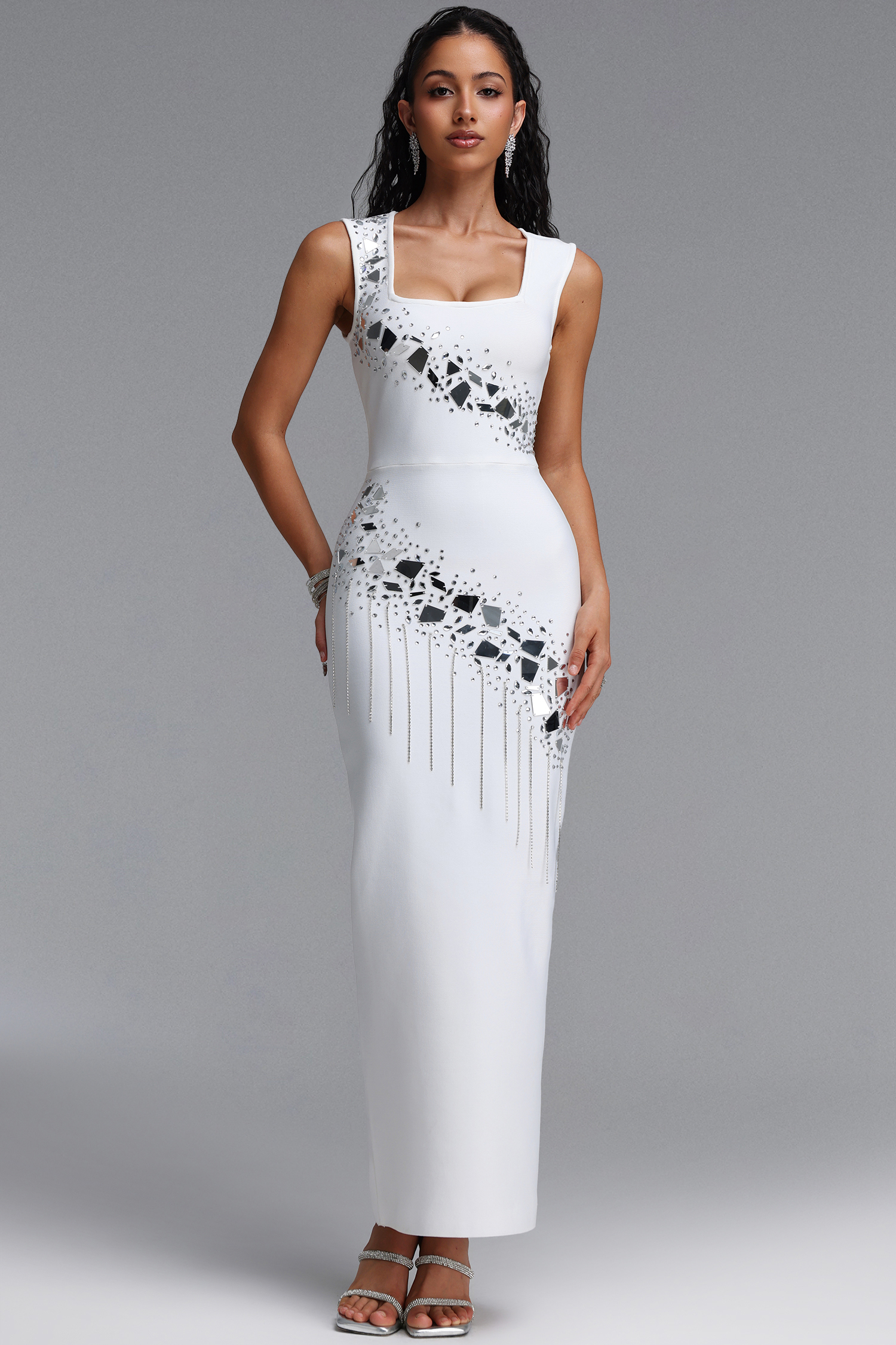 Estella Luxury Sleeveless Square Neck Mirror Rhinestone Fringe Bandage Maxi Dress