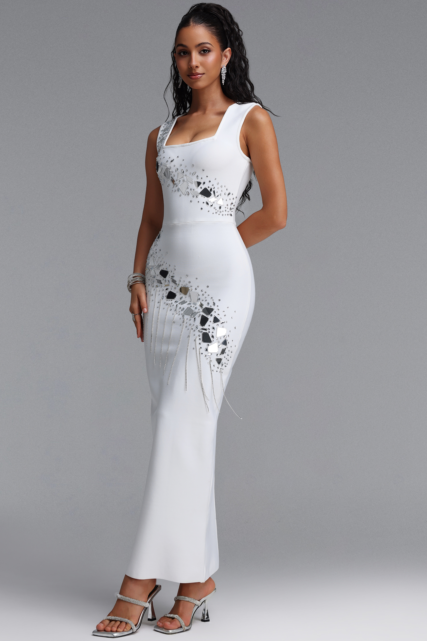Estella Luxury Sleeveless Square Neck Mirror Rhinestone Fringe Bandage Maxi Dress
