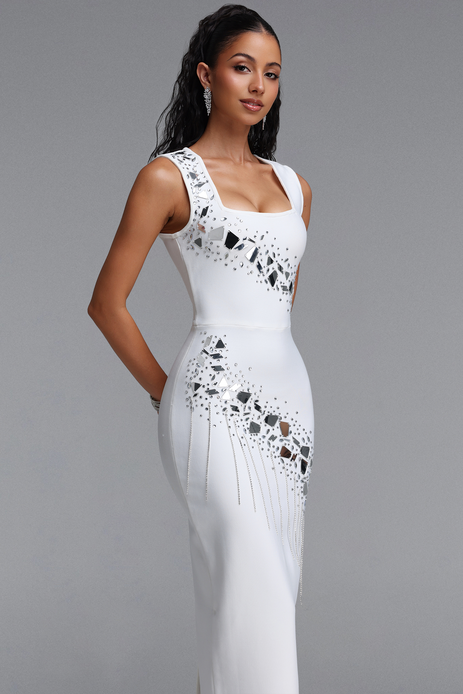 Estella Luxury Sleeveless Square Neck Mirror Rhinestone Fringe Bandage Maxi Dress