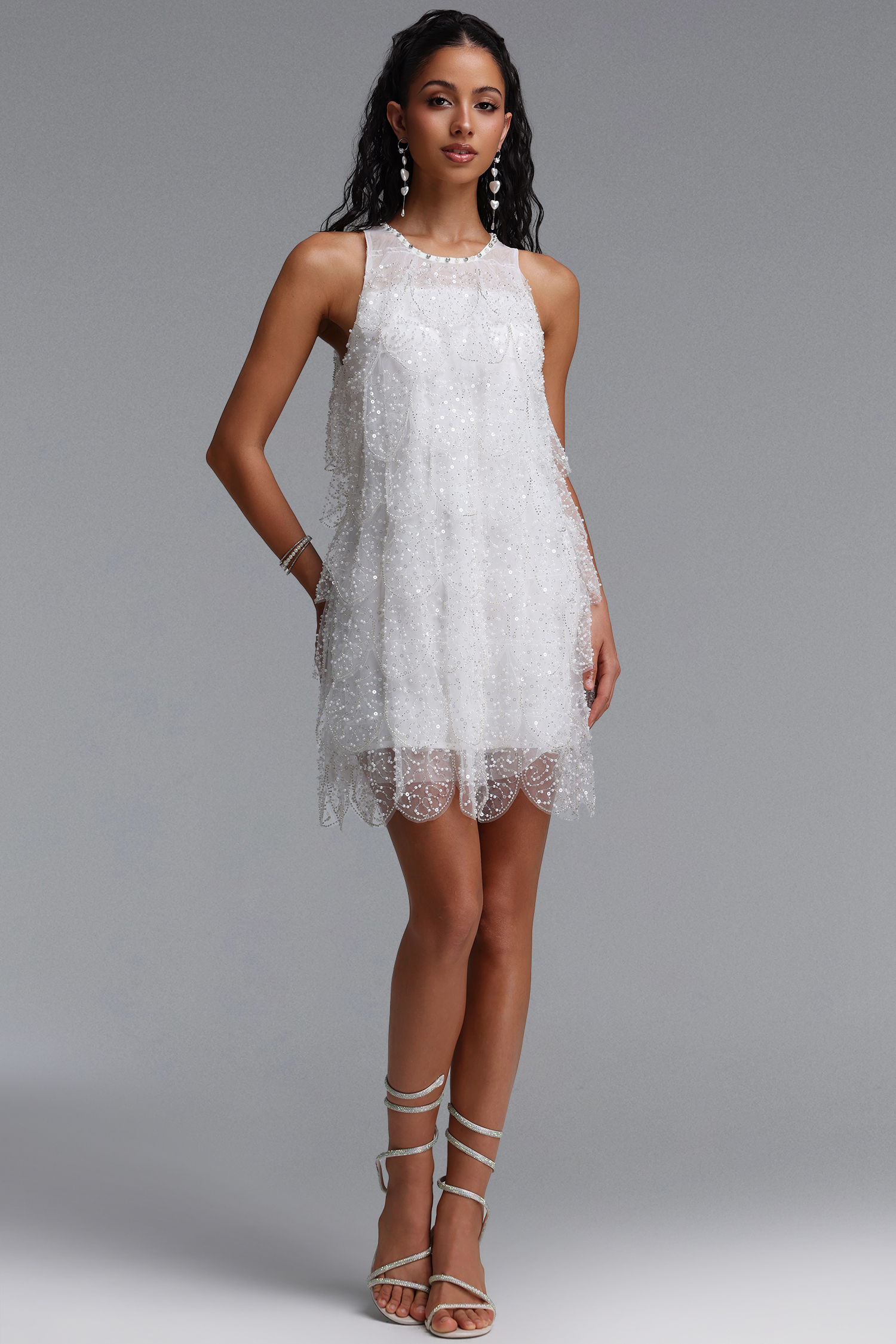 Quincy Elegant Flowy Pearl Sequin Tiered Tulle Mini Dress