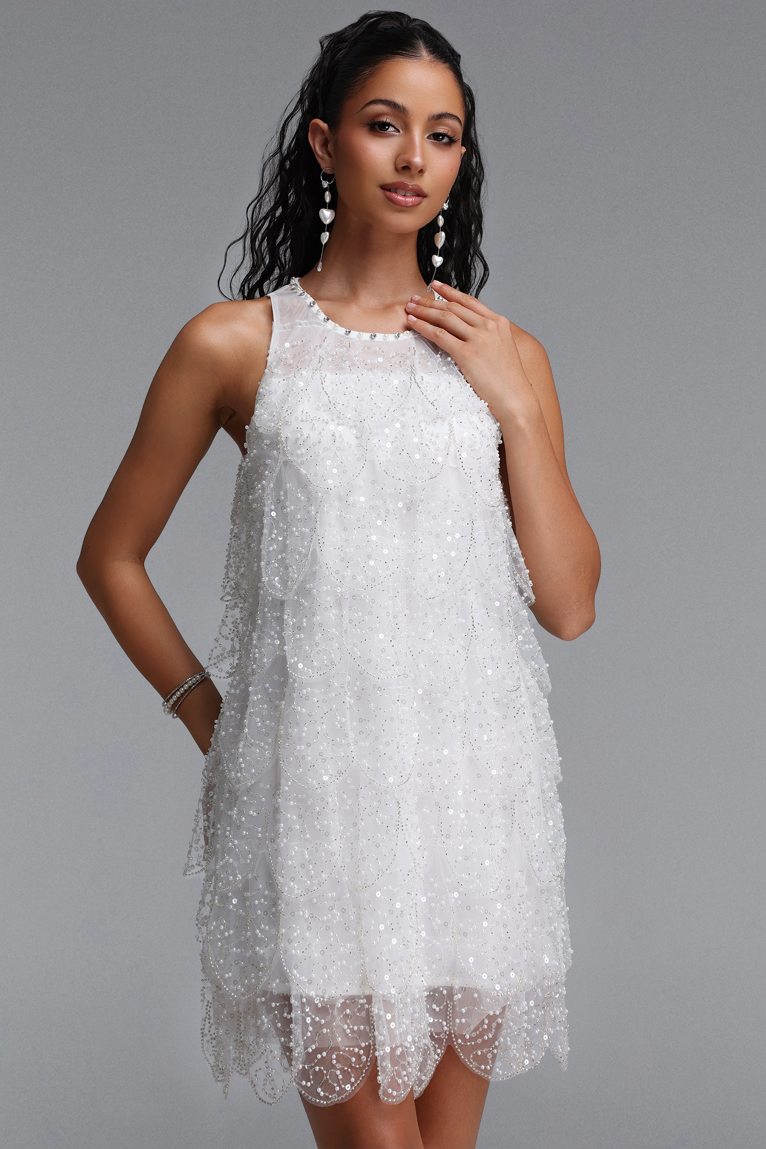 Quincy Elegant Flowy Pearl Sequin Tiered Tulle Mini Dress