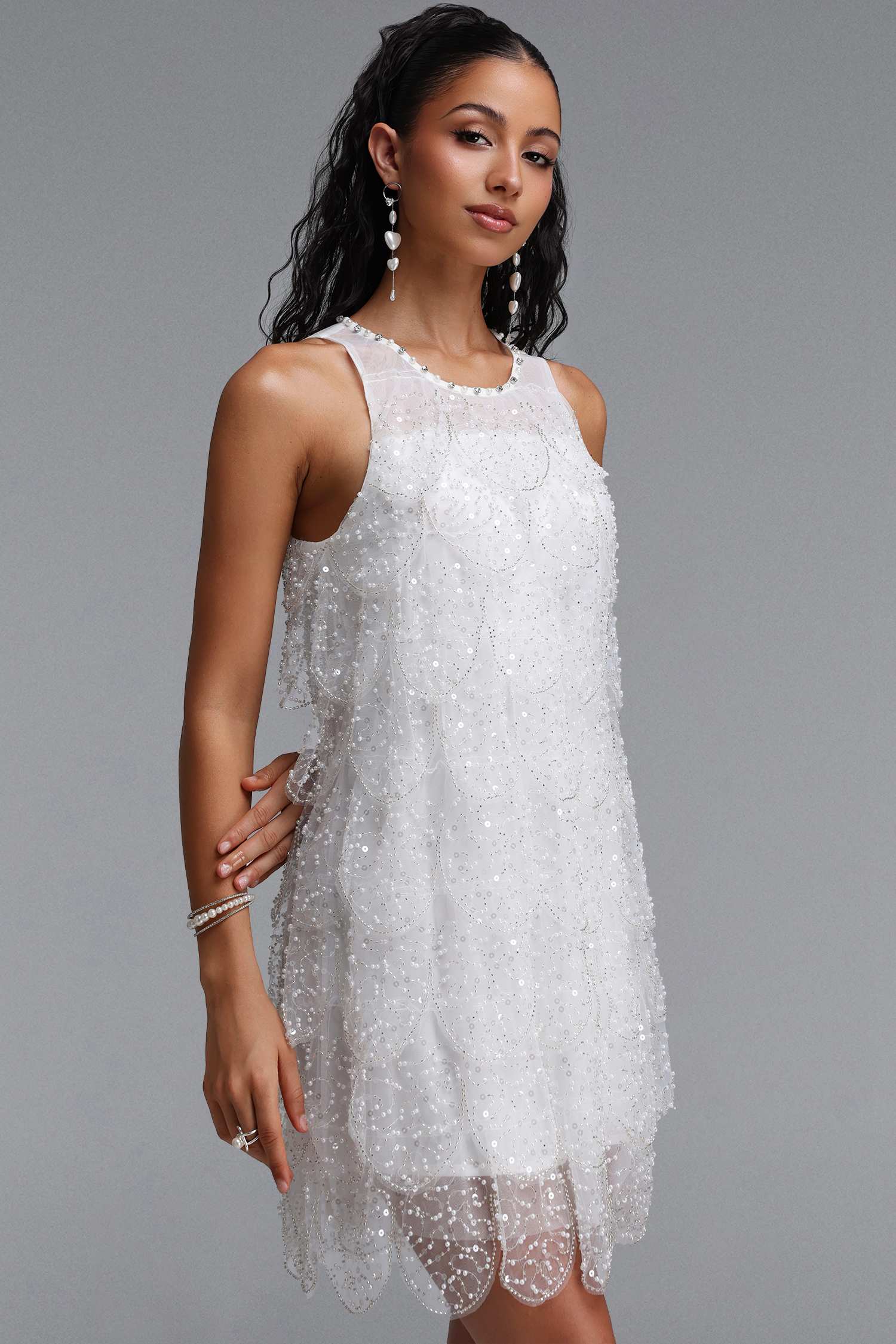 Quincy Elegant Flowy Pearl Sequin Tiered Tulle Mini Dress