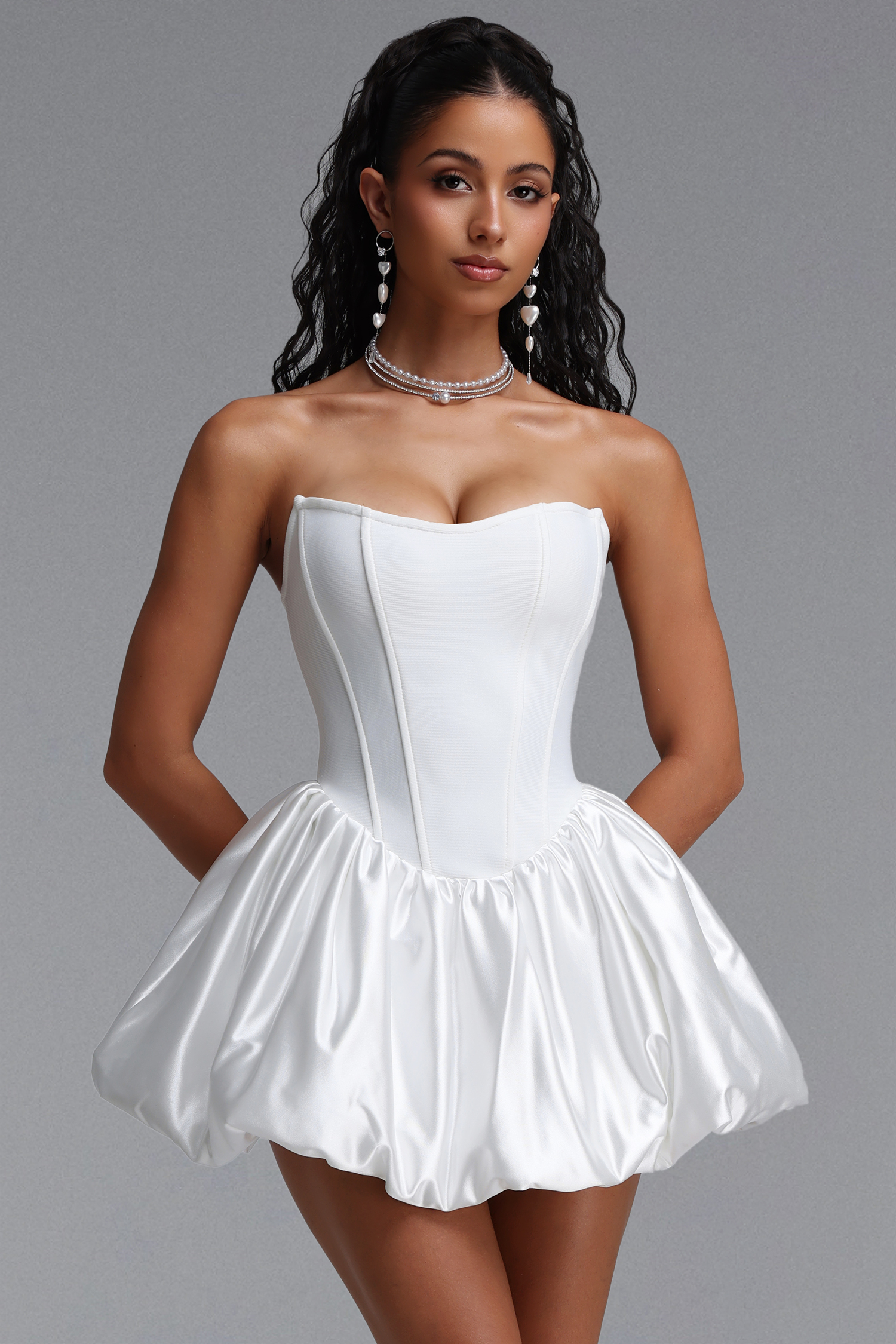 Paco Elegant Cinched Waist Strapless Ruched Bandage Satin Mini Dress