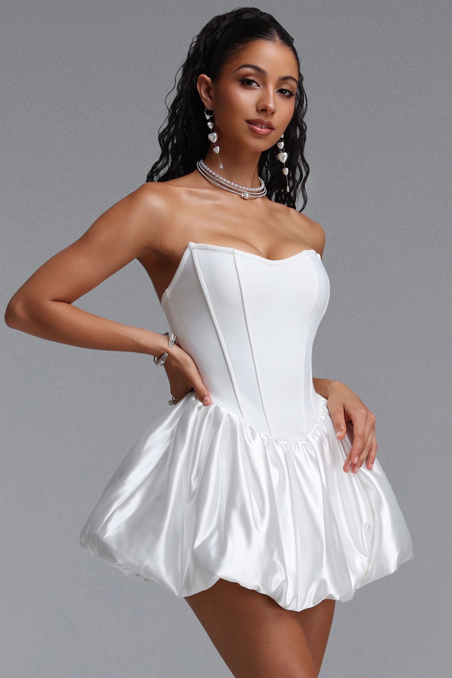 Paco Elegant Cinched Waist Strapless Ruched Bandage Satin Mini Dress
