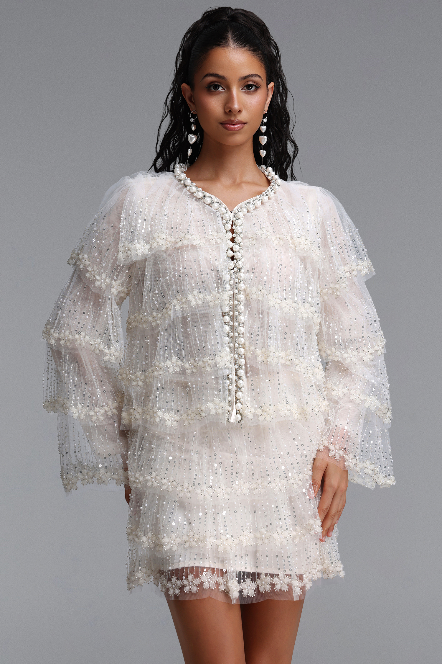 Sierra Glamorous Youthful Pearl Sequin Layered Top Or Mini Skirt