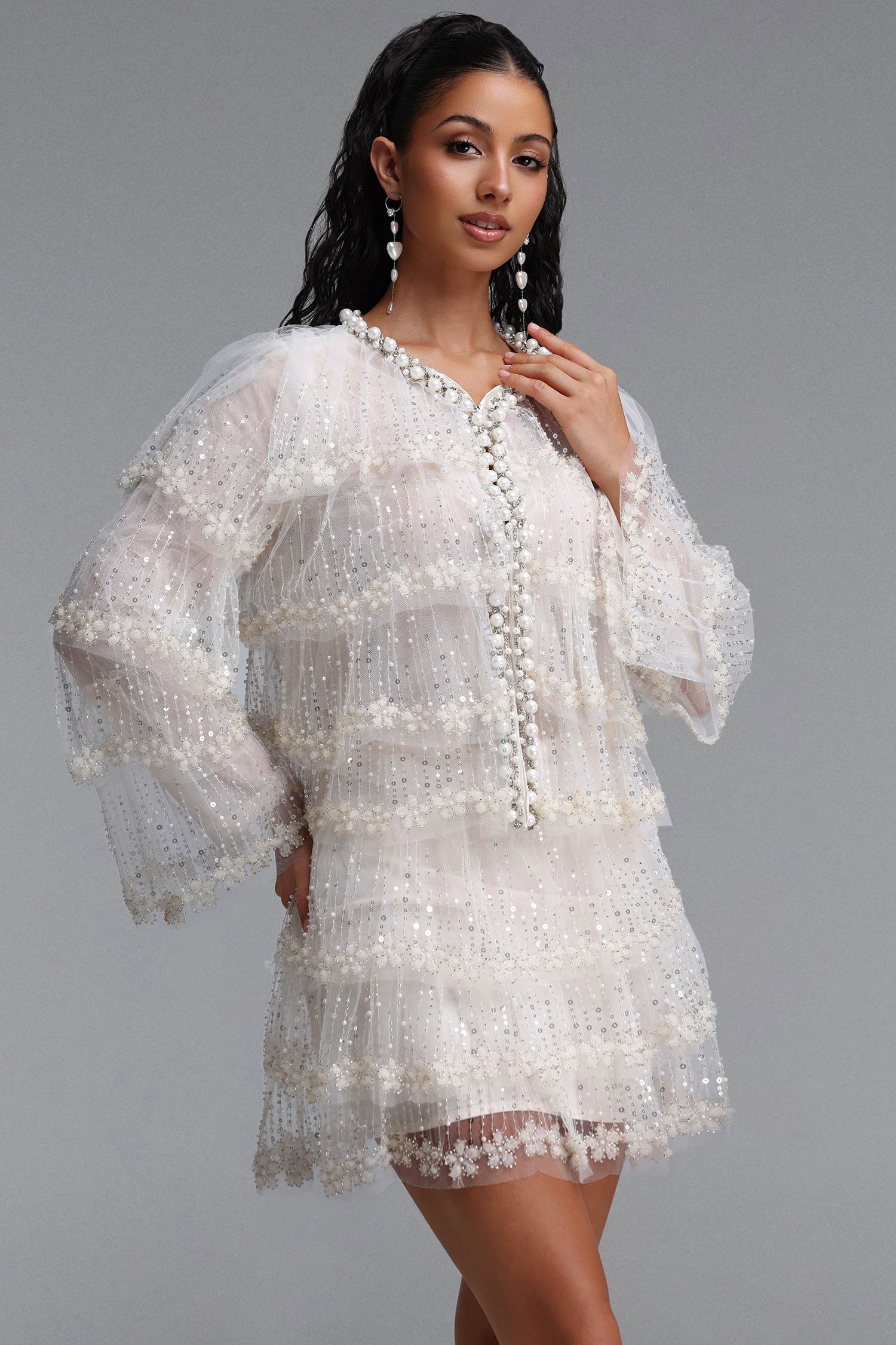 Sierra Glamorous Youthful Pearl Sequin Layered Top Or Mini Skirt