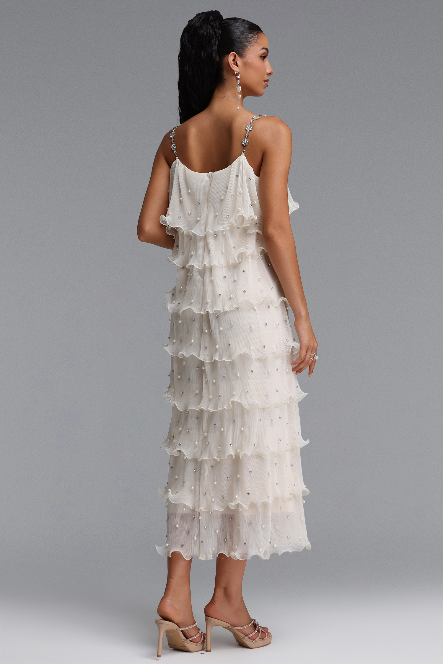 Uerzay Elegant Contour Rhinestone Spaghetti Strap Tiered Ruffle Pearl Woven Maxi Dress