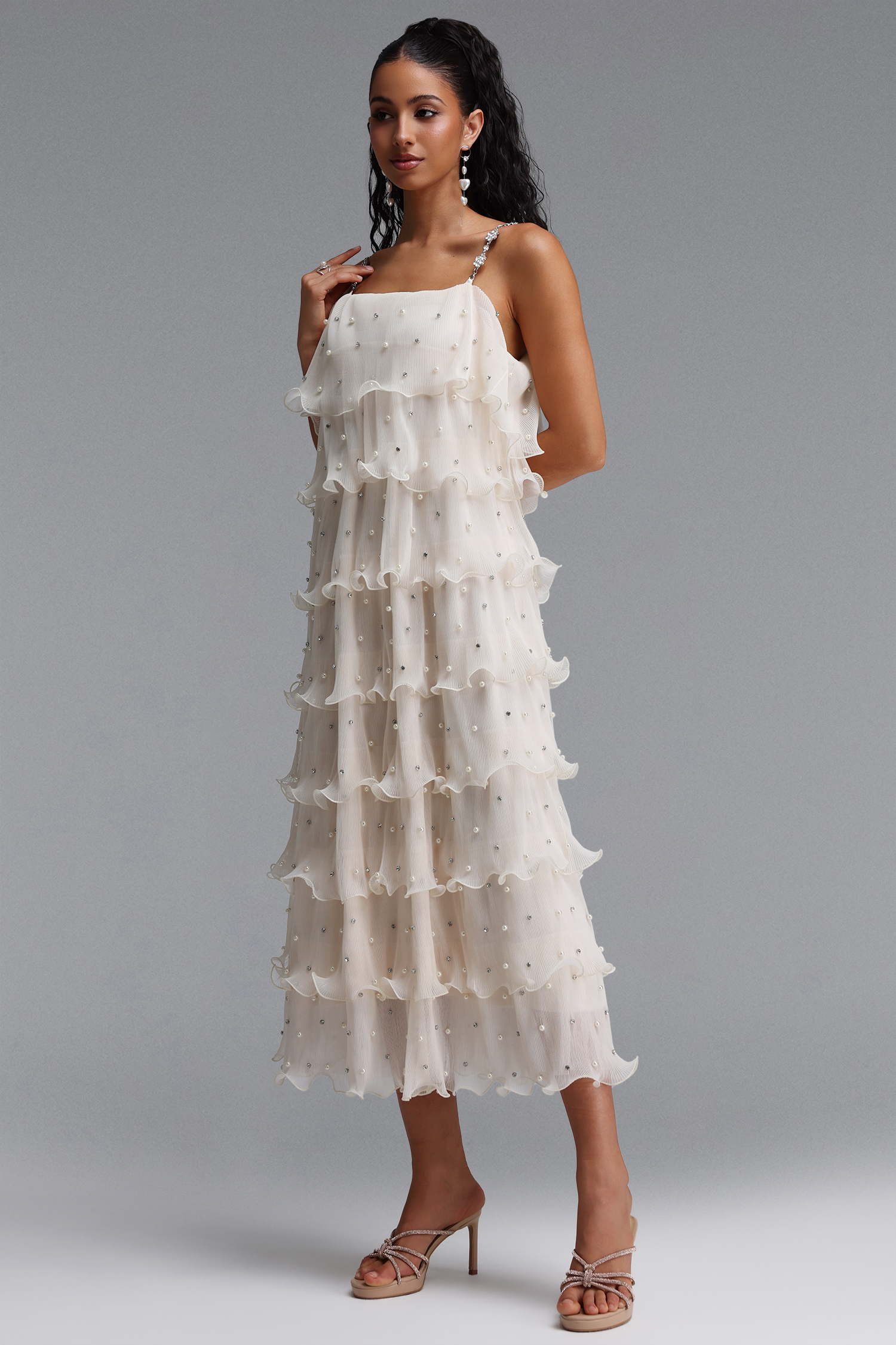 Uerzay Elegant Contour Rhinestone Spaghetti Strap Tiered Ruffle Pearl Woven Maxi Dress