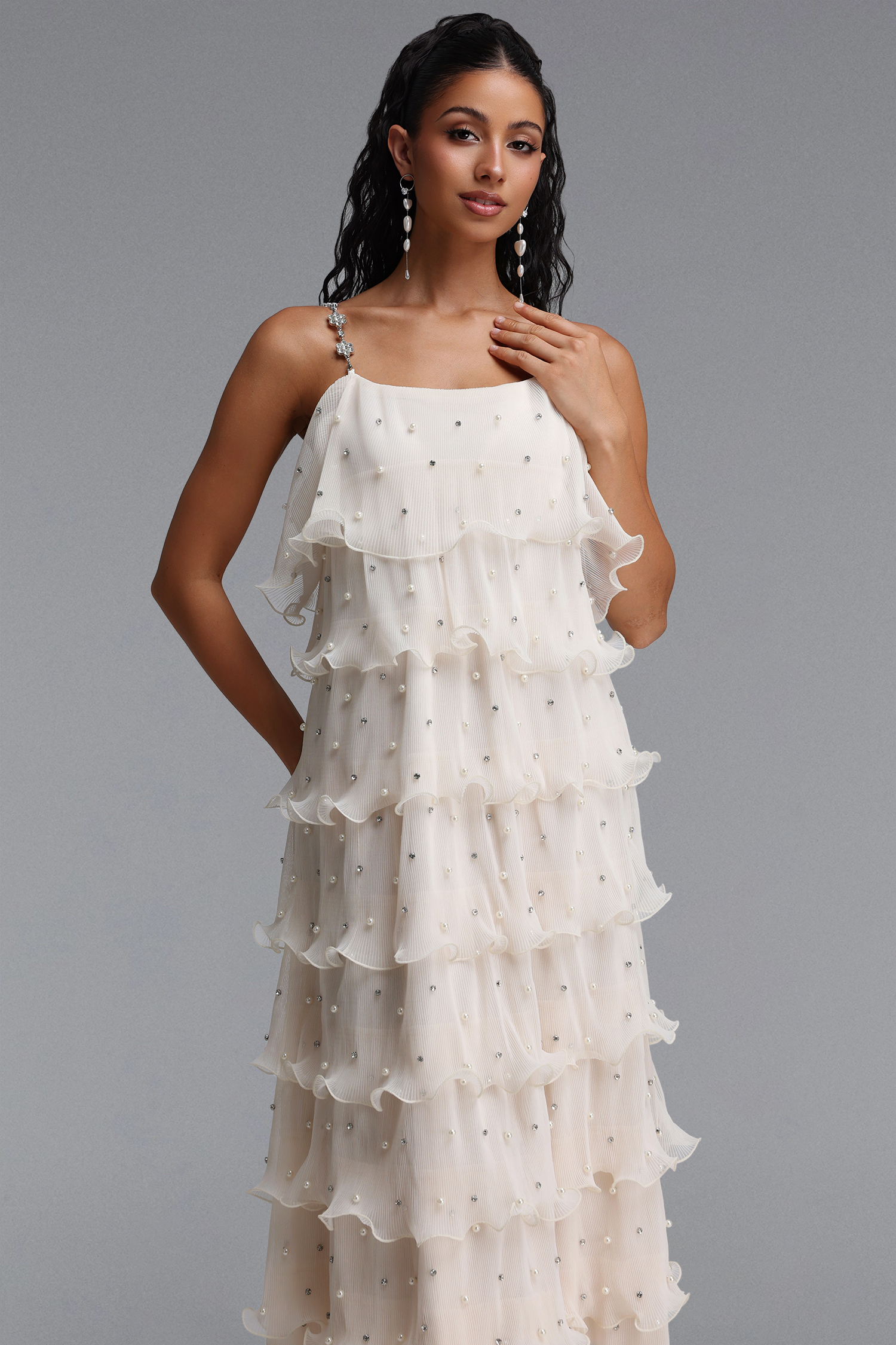 Uerzay Elegant Contour Rhinestone Spaghetti Strap Tiered Ruffle Pearl Woven Maxi Dress