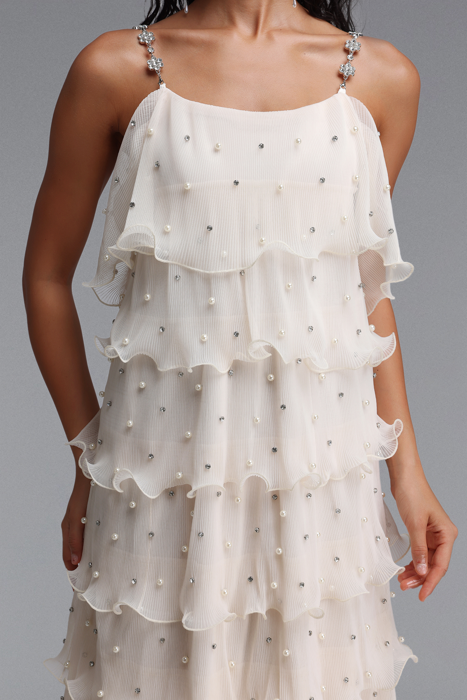 Uerzay Elegant Contour Rhinestone Spaghetti Strap Tiered Ruffle Pearl Woven Maxi Dress