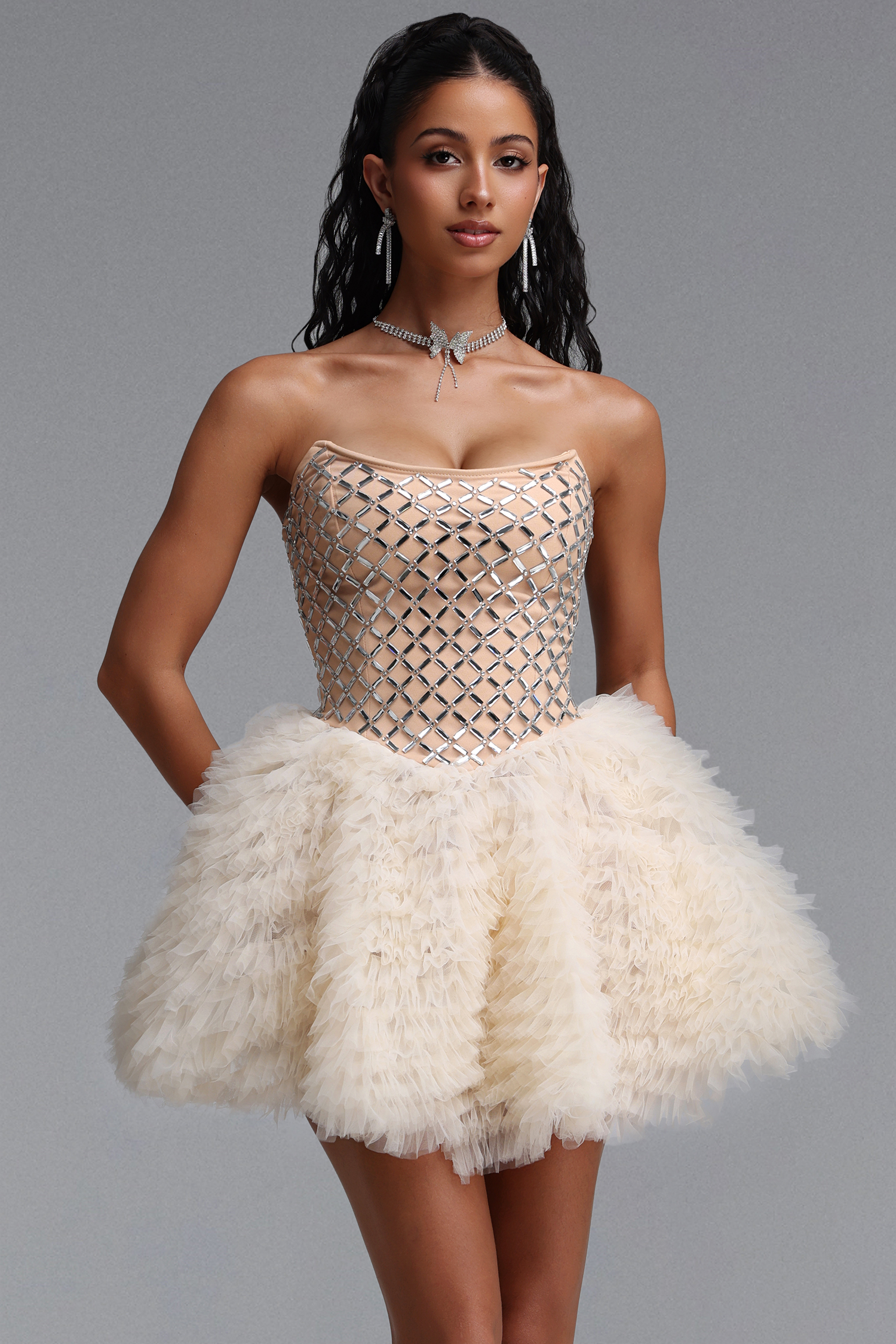 Zandra Elegant Cinched Waist Strapless Rhinestone Voluminous Tiered Bandage Tulle Mini Dress