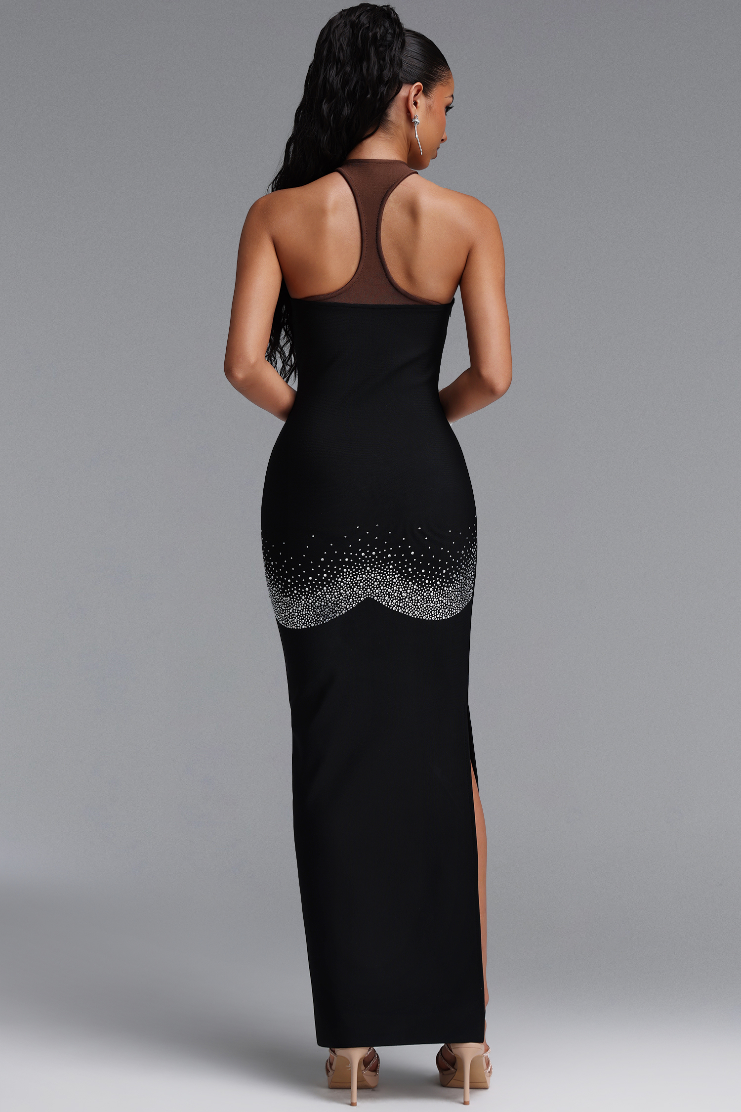 Gricely Chic Contour Spaghetti Strap Rhinestone Embellished Bandage Maxi Dress