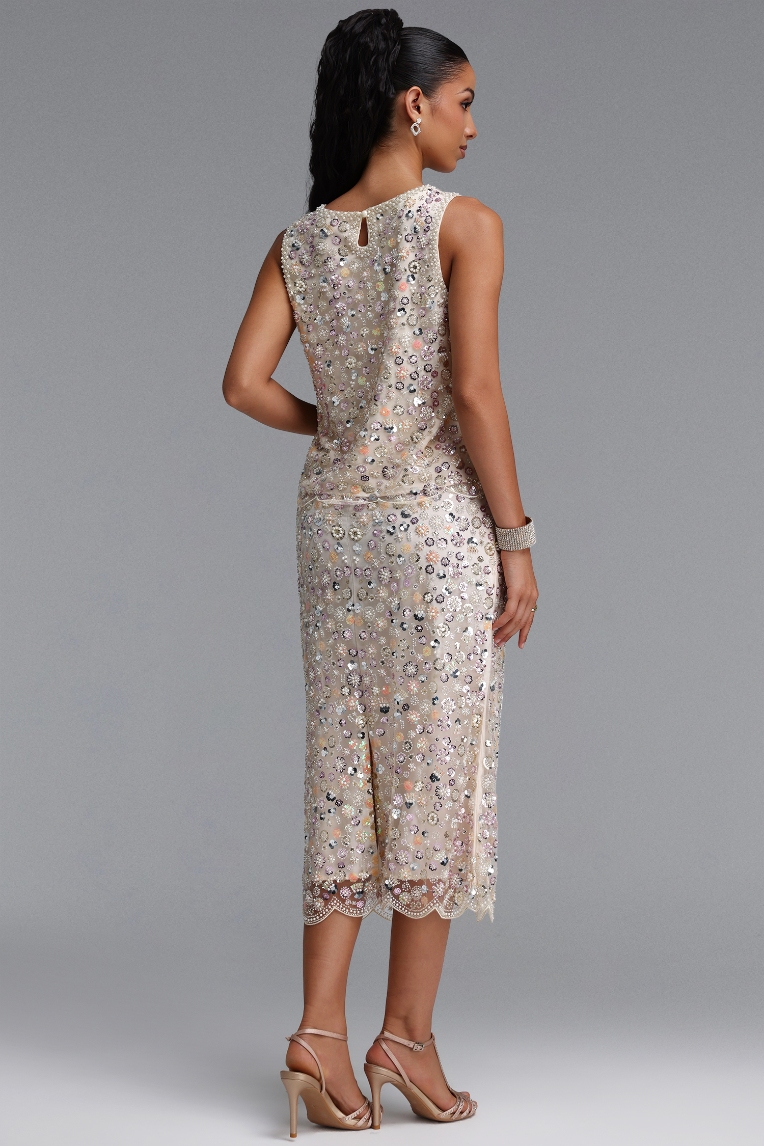 Peyton Sophisticated Youthful Pearl Sequin Floral Top Or Midi Skirt
