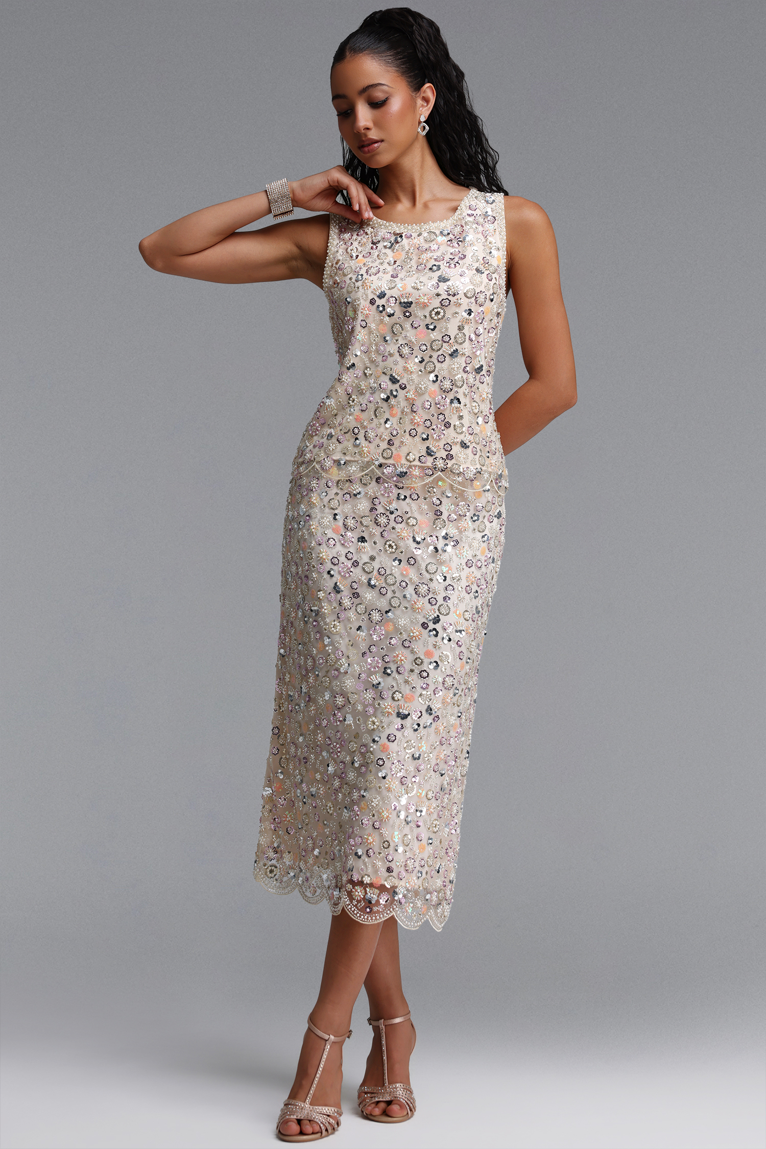 Peyton Sophisticated Youthful Pearl Sequin Floral Top Or Midi Skirt