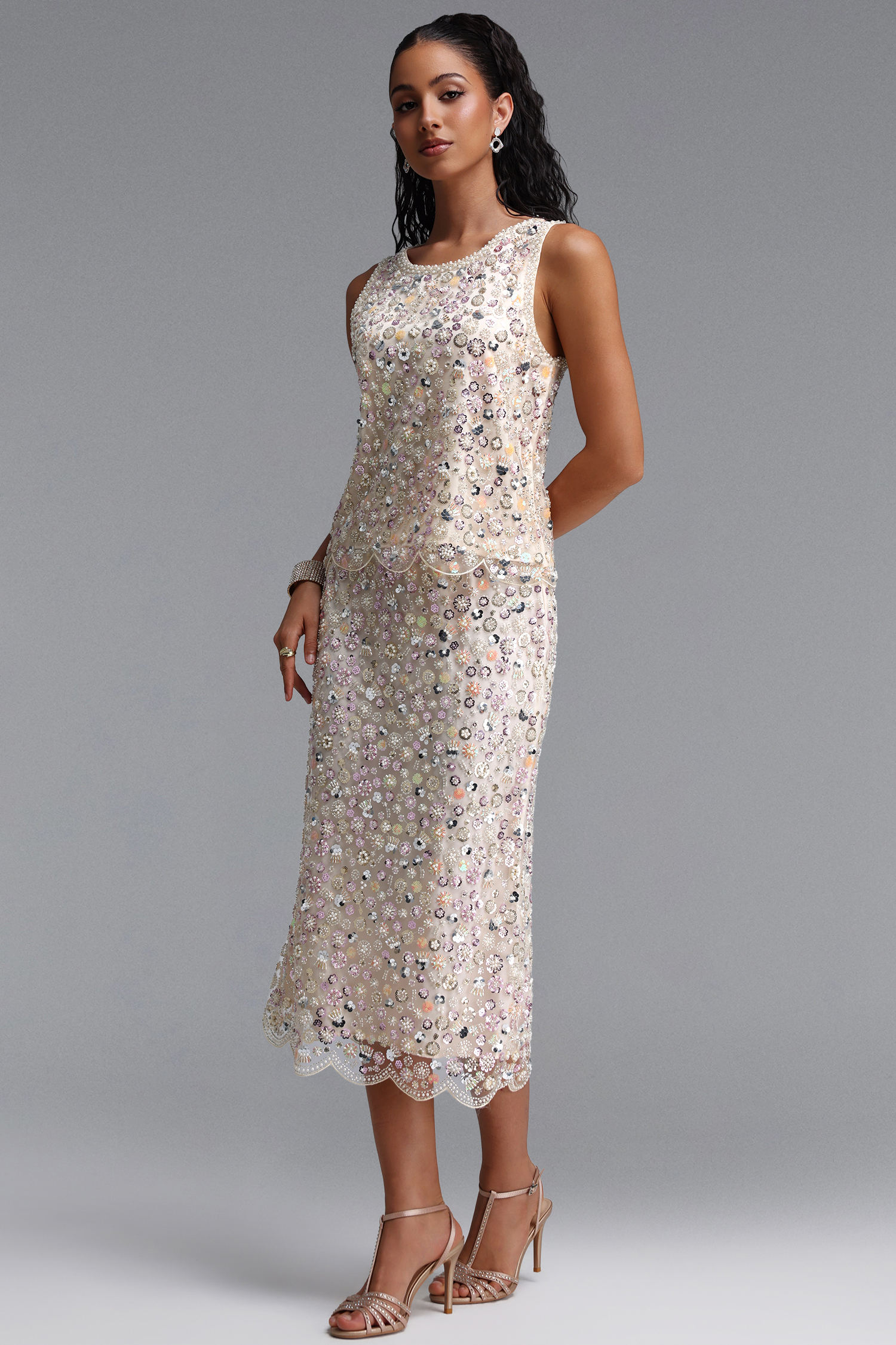 Peyton Sophisticated Youthful Pearl Sequin Floral Top Or Midi Skirt