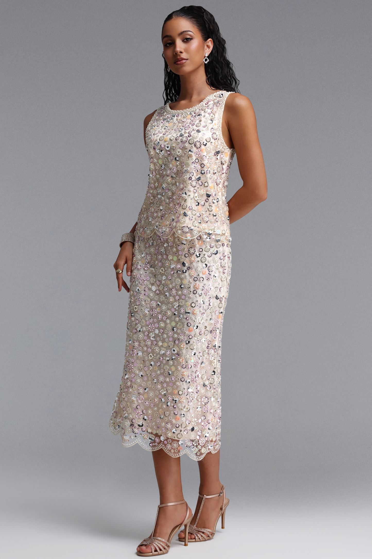 Peyton Sophisticated Youthful Pearl Sequin Floral Top Or Midi Skirt