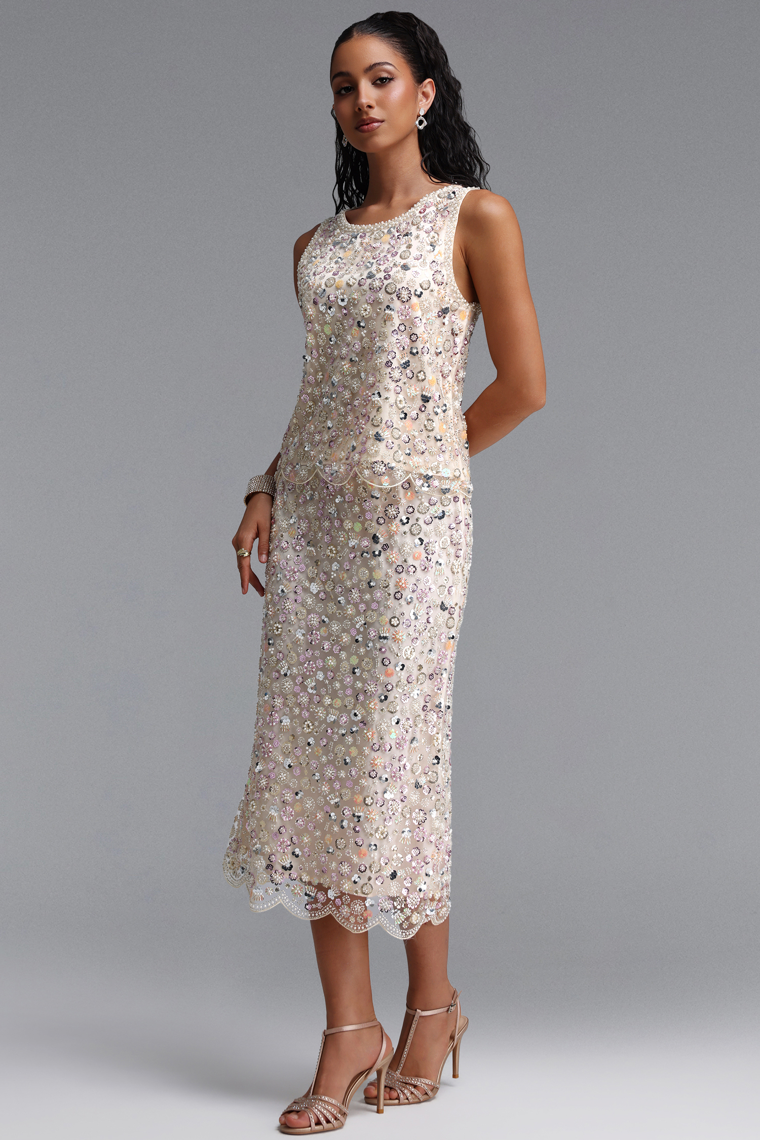 Peyton Sophisticated Youthful Pearl Sequin Floral Top Or Midi Skirt