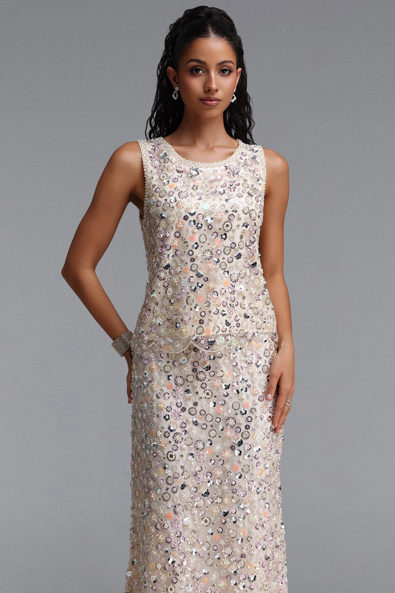 Peyton Sophisticated Youthful Pearl Sequin Floral Top Or Midi Skirt