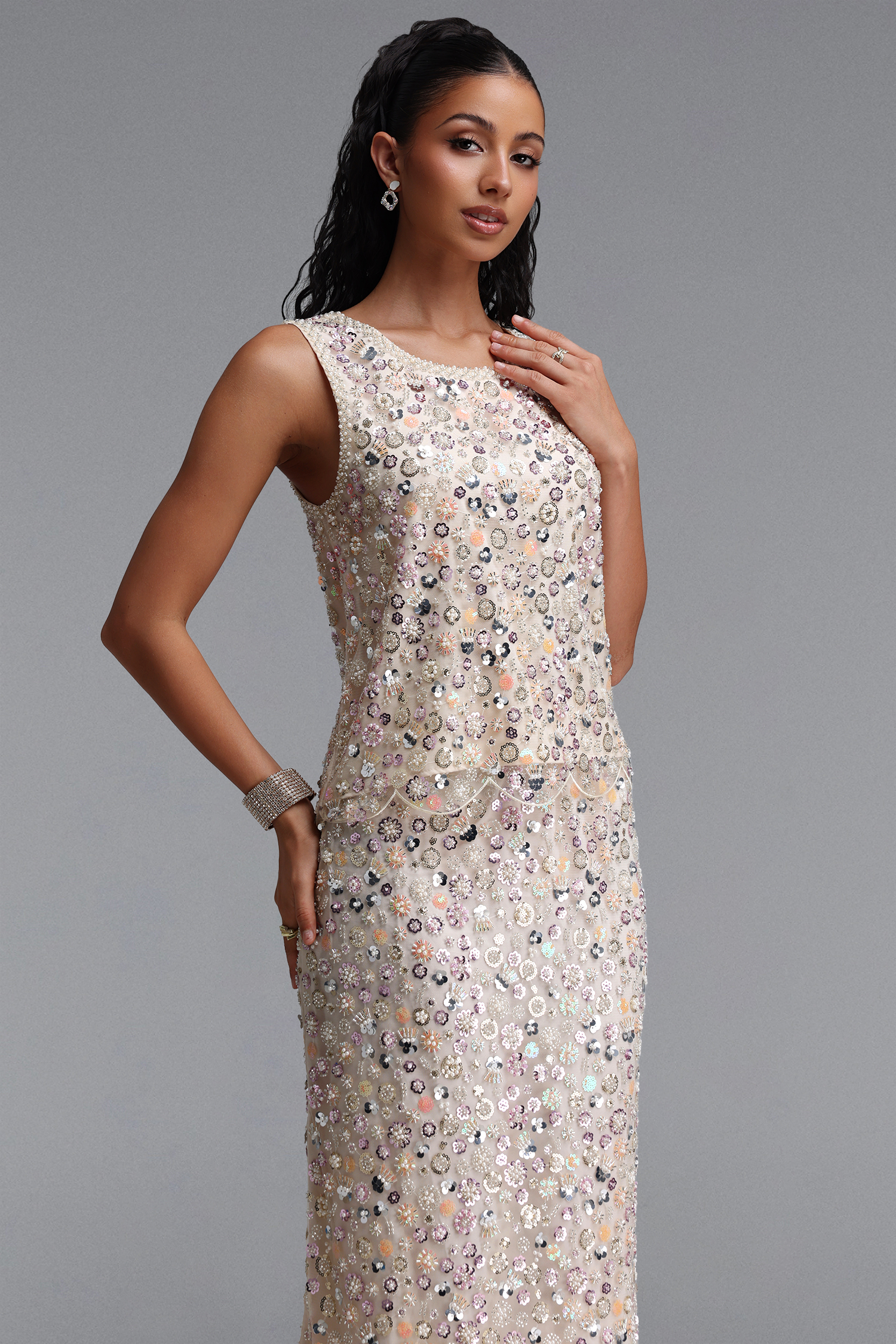 Peyton Sophisticated Youthful Pearl Sequin Floral Top Or Midi Skirt