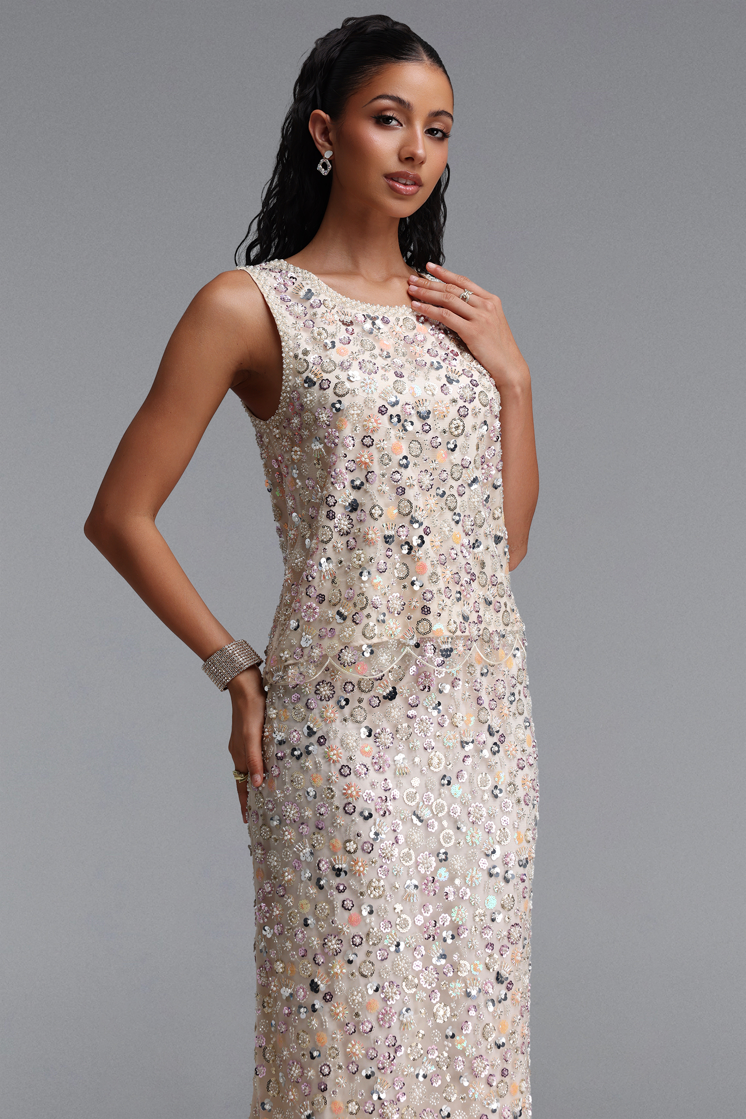 Peyton Sophisticated Youthful Pearl Sequin Floral Top Or Midi Skirt