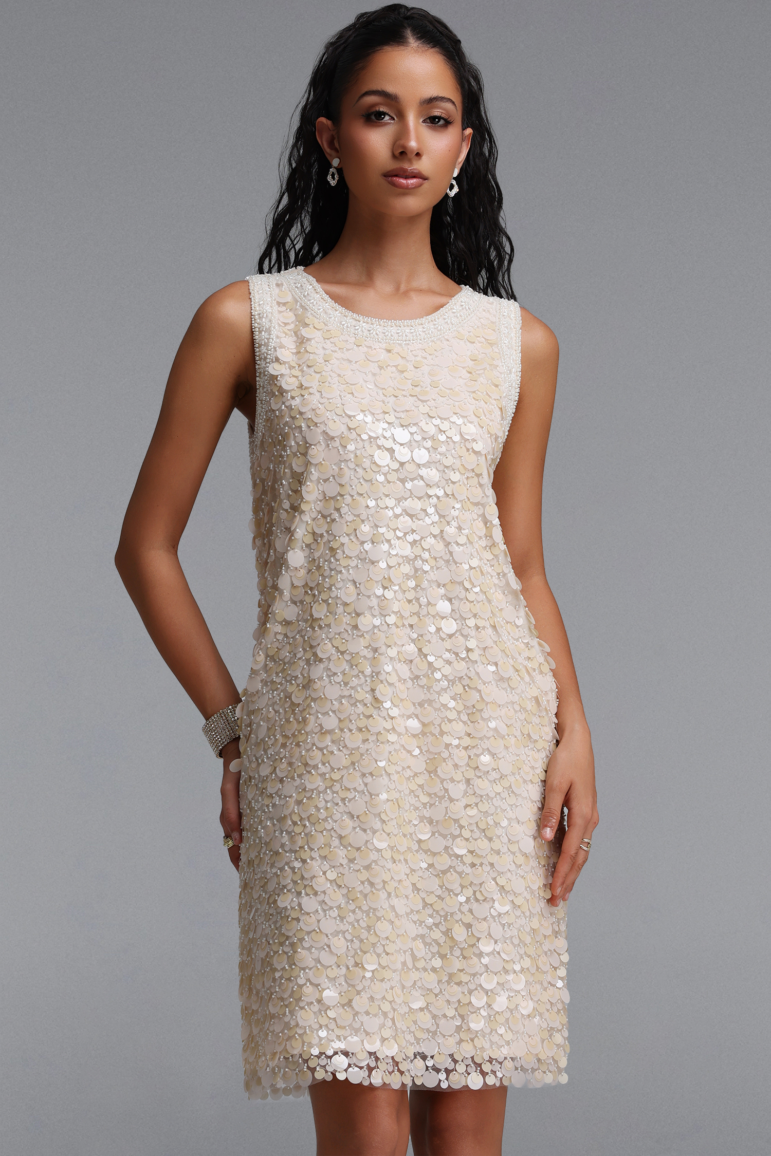 Haven Elegant Luxe Contour A Line All Over Sequin Pearl Mini Dress