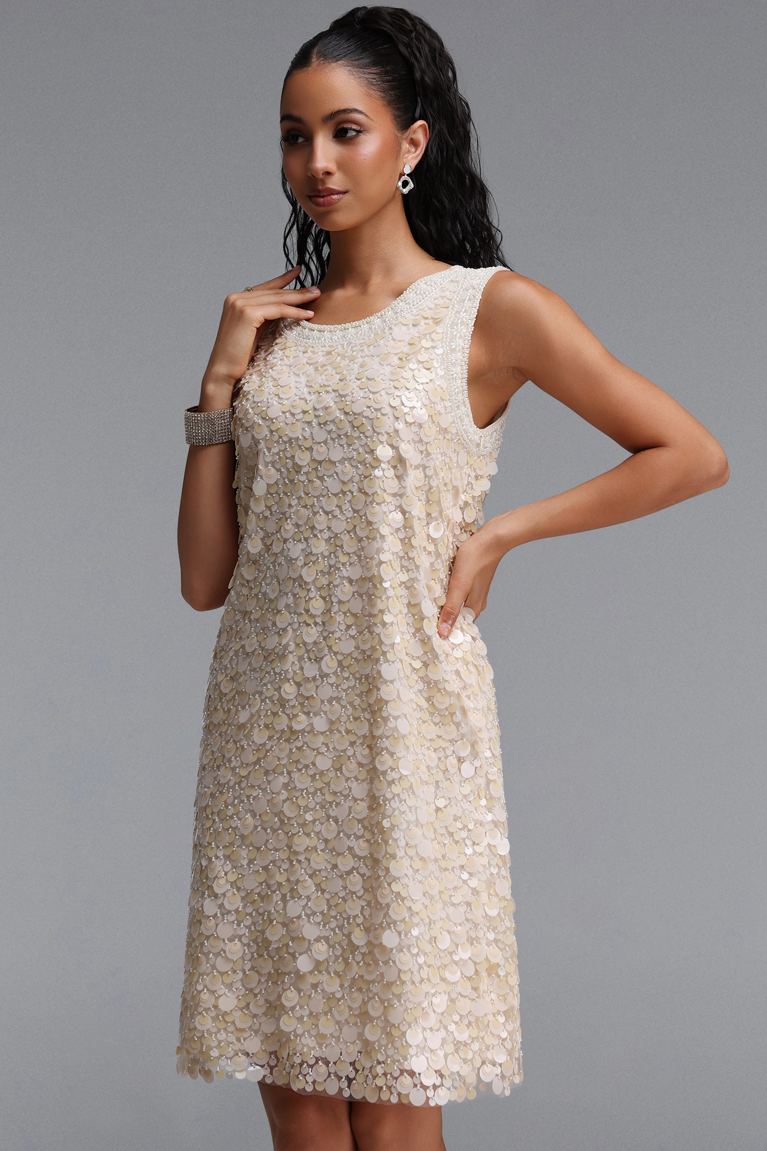 Haven Elegant Luxe Contour A Line All Over Sequin Pearl Mini Dress