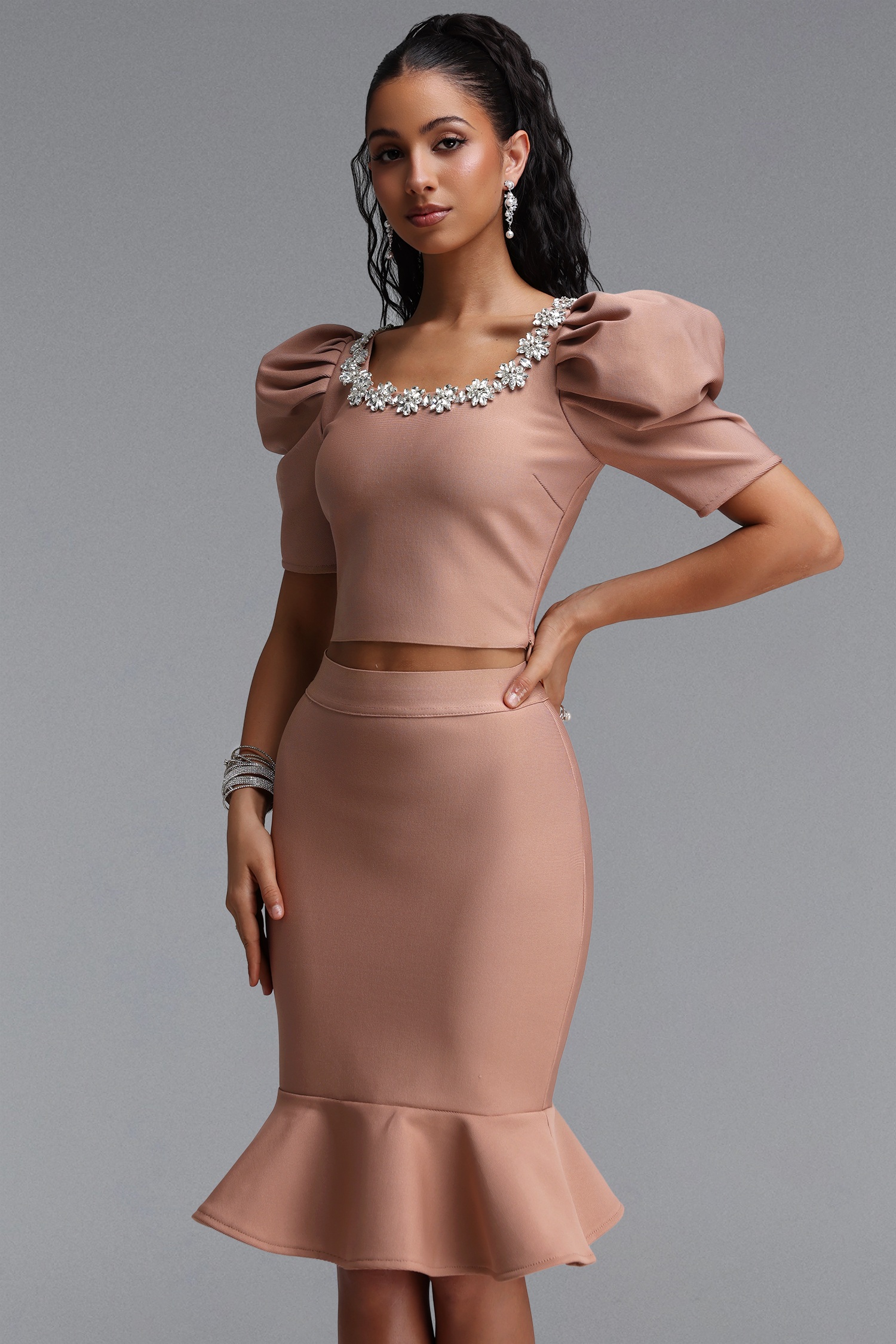 Fala Elegant Contour Square Neck Puff Sleeve Rhinestone Top Mermaid Skirt Bandage Two Piece Set