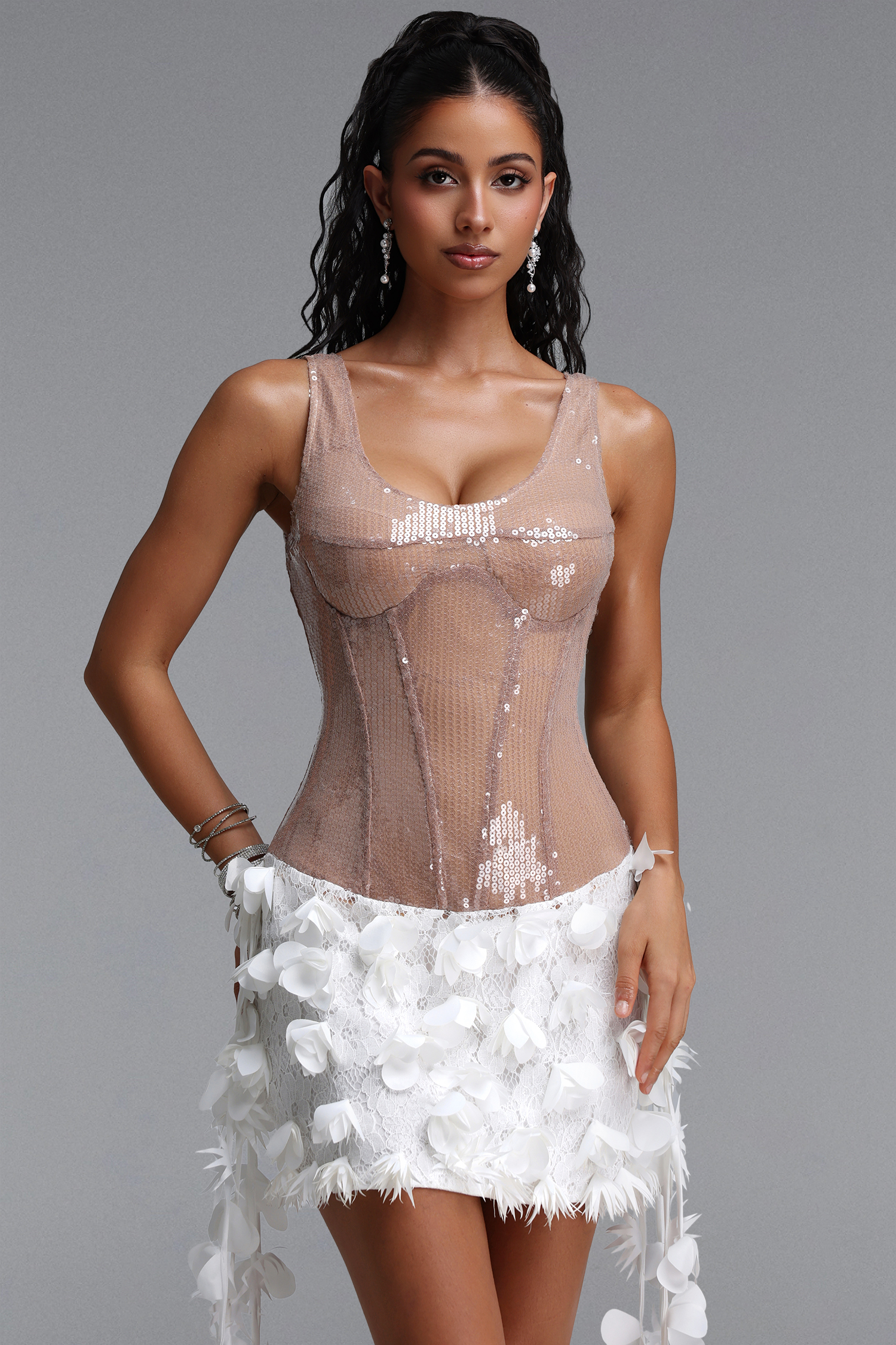 Rosmarie Chic Cinched Waist Spaghetti Strap Boned Floral Sequin Lace Mini Dress