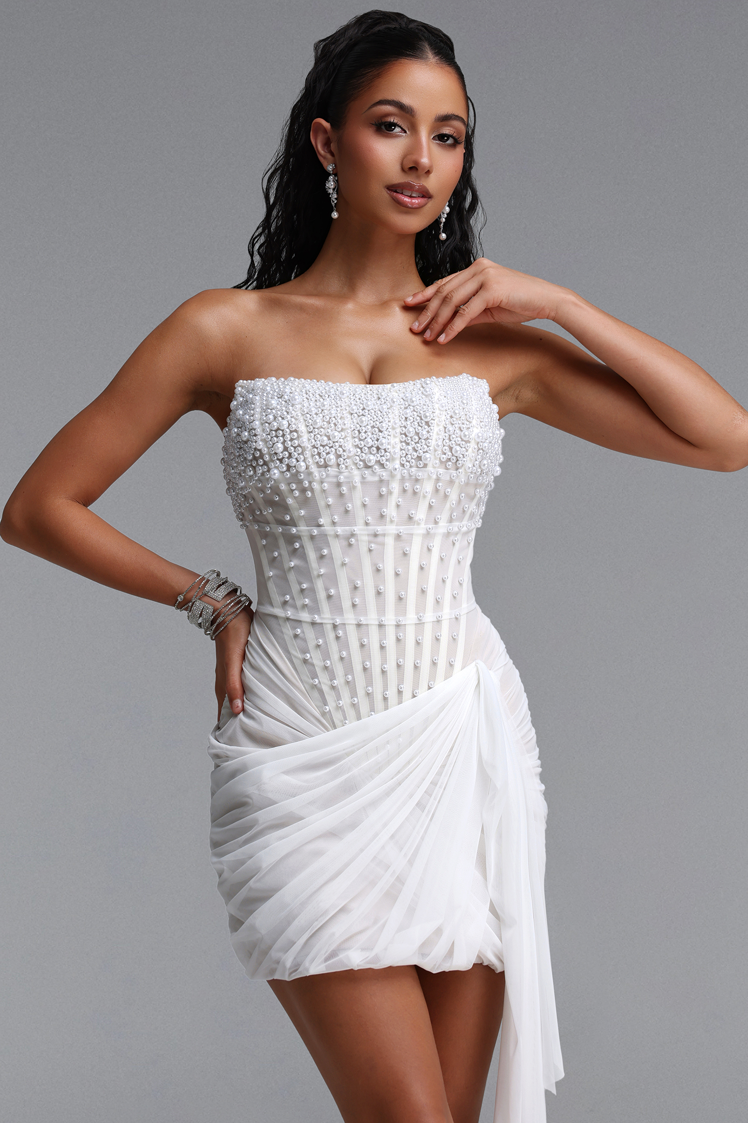 Veronic Elegant Cinched Waist Strapless Boned Pearl Ruched Tulle Mini Dress