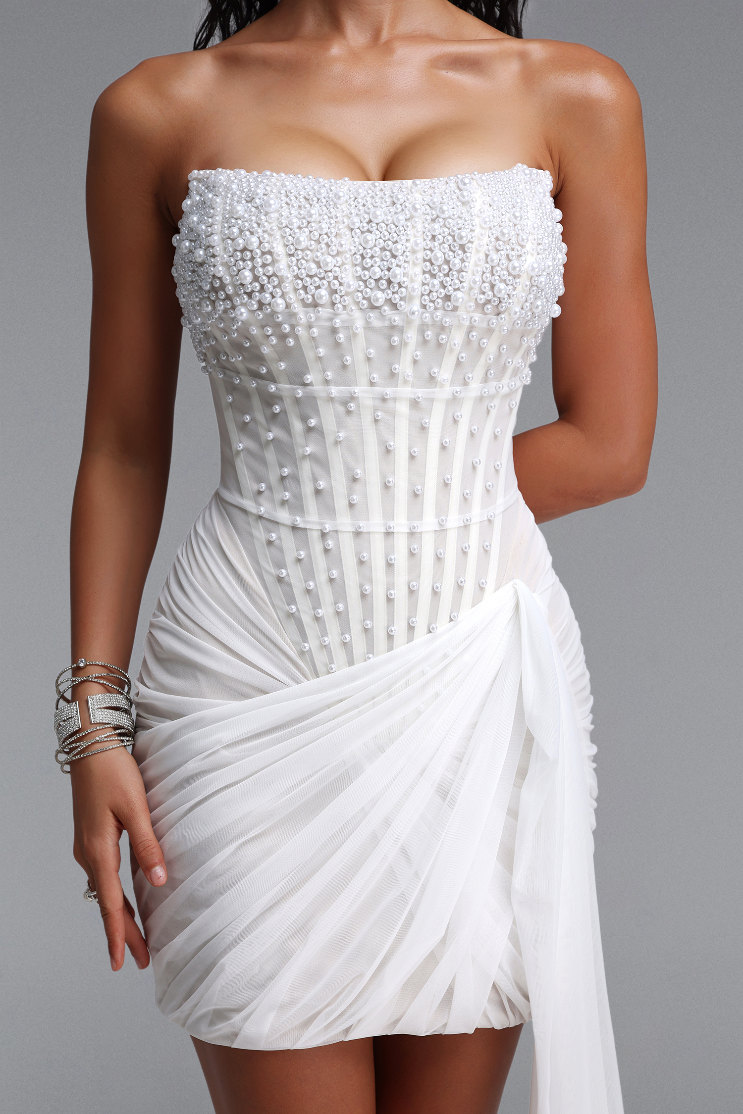 Veronic Elegant Cinched Waist Strapless Boned Pearl Ruched Tulle Mini Dress
