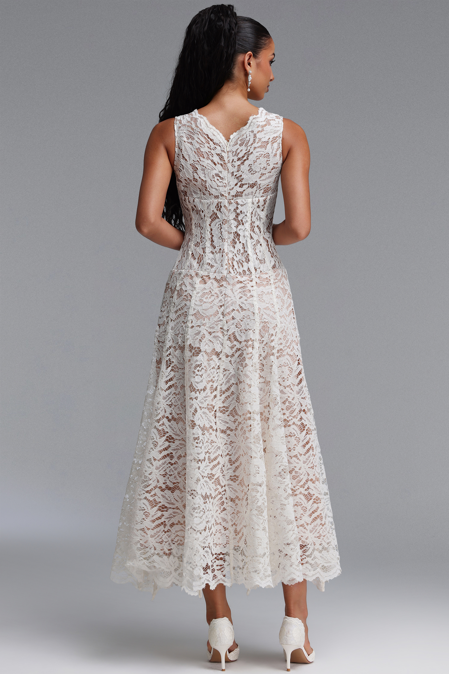 Jana Elegant Cinched Waist V Neck Cape Lace Maxi Dress