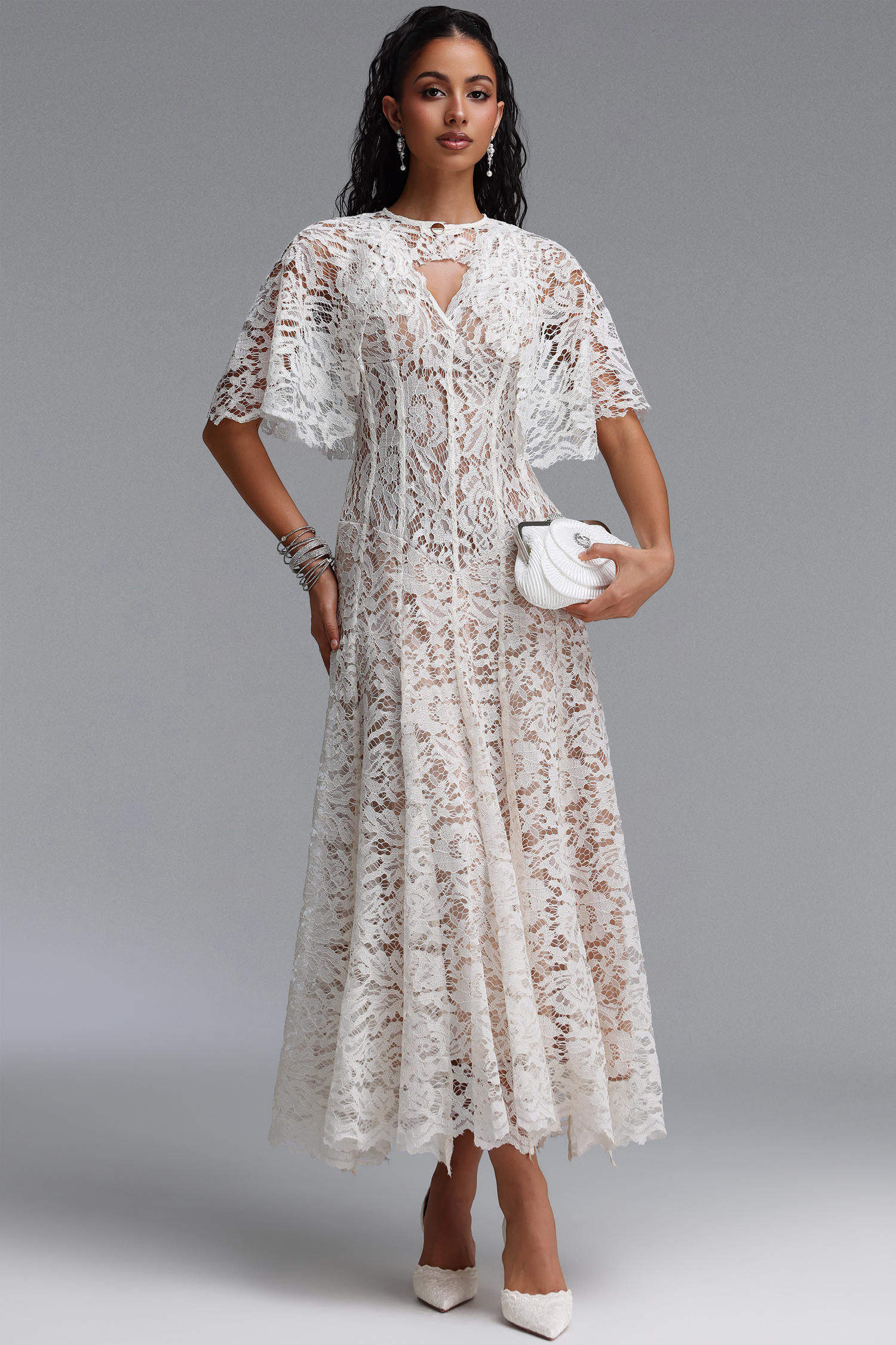 Jana Elegant Cinched Waist V Neck Cape Lace Maxi Dress