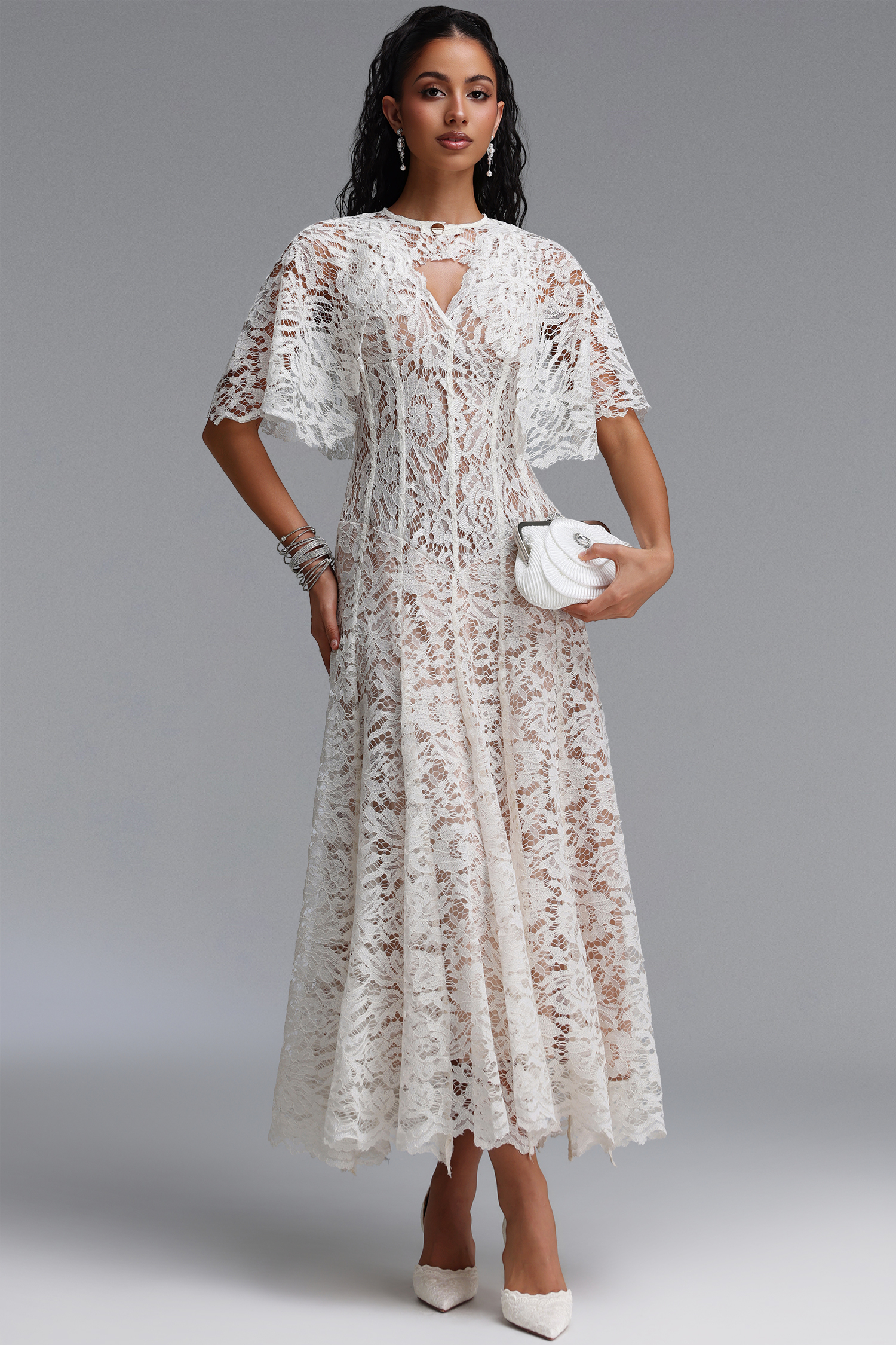 Jana Elegant Cinched Waist V Neck Cape Lace Maxi Dress